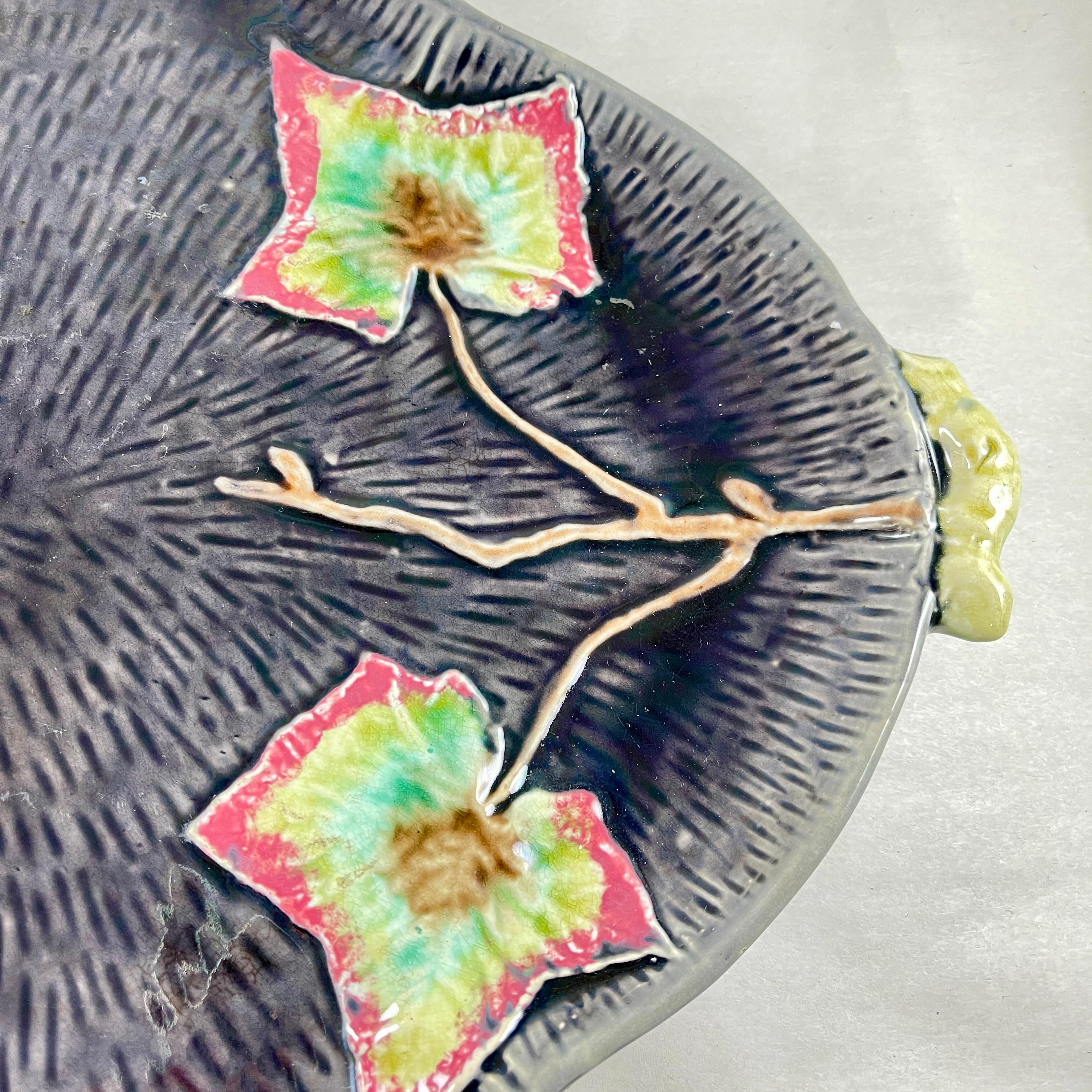 Glazed Thomas Forester Leaf on Bark English Majolica Tea Tray For Sale