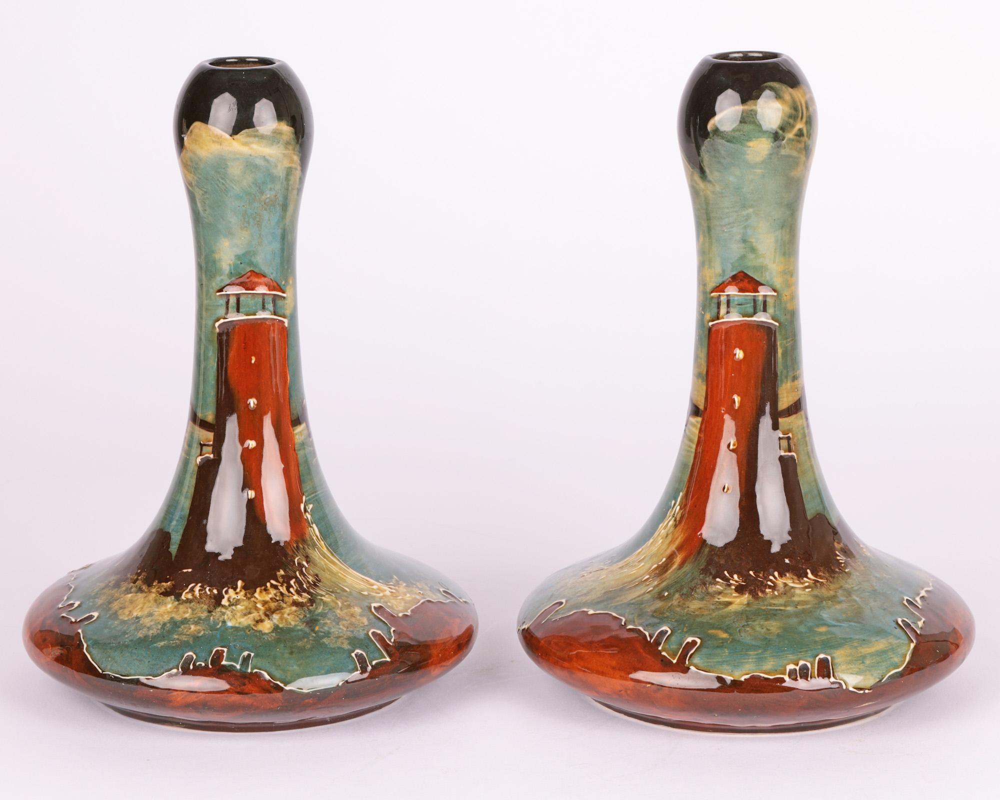 Thomas Forester Pair Art Nouveau Vases Painted with Lighthouses For Sale 1