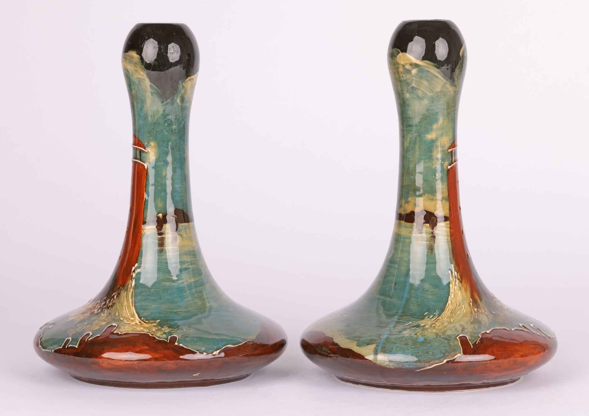Thomas Forester Pair Art Nouveau Vases Painted with Lighthouses For Sale 5