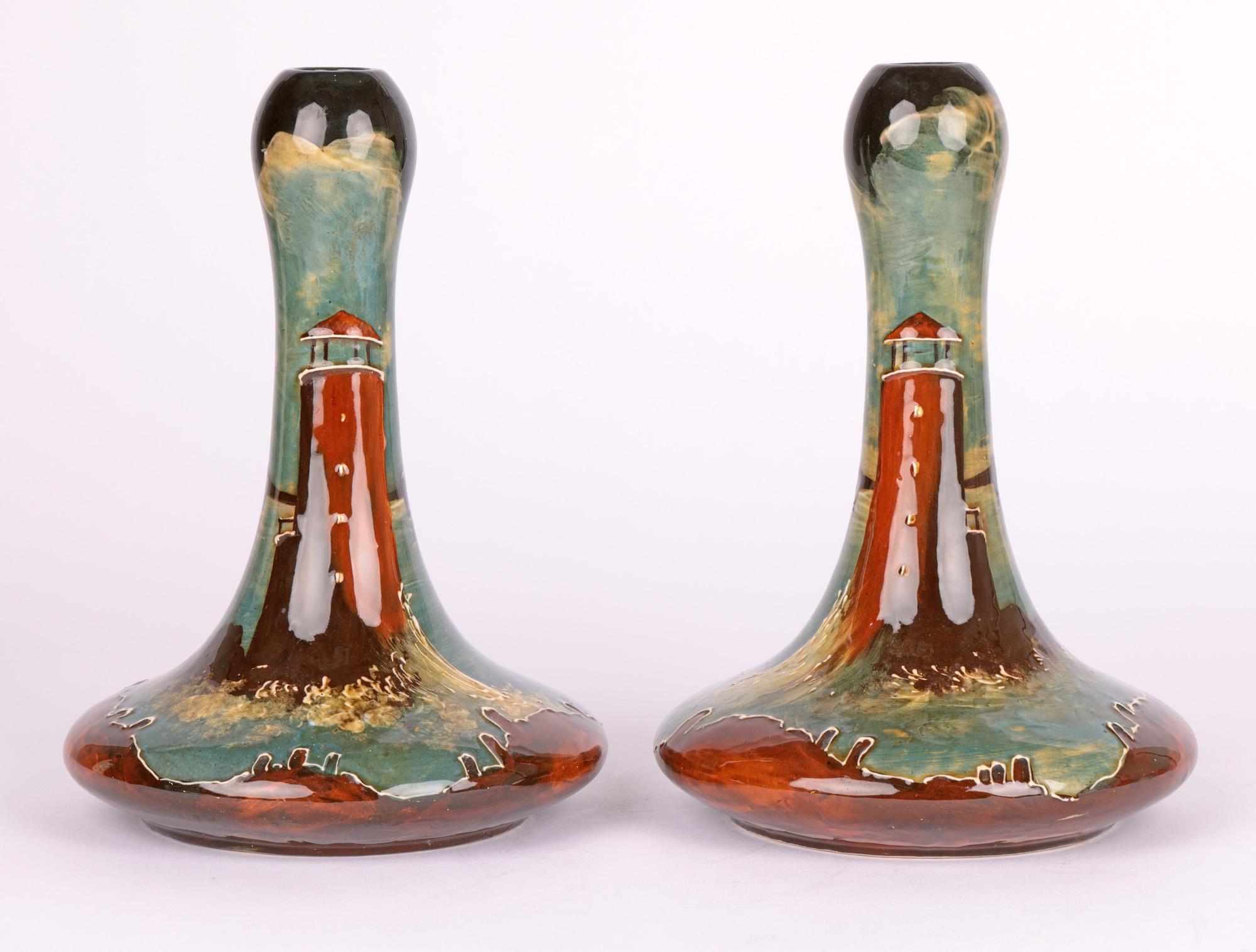 Thomas Forester Pair Art Nouveau Vases Painted with Lighthouses For Sale 10