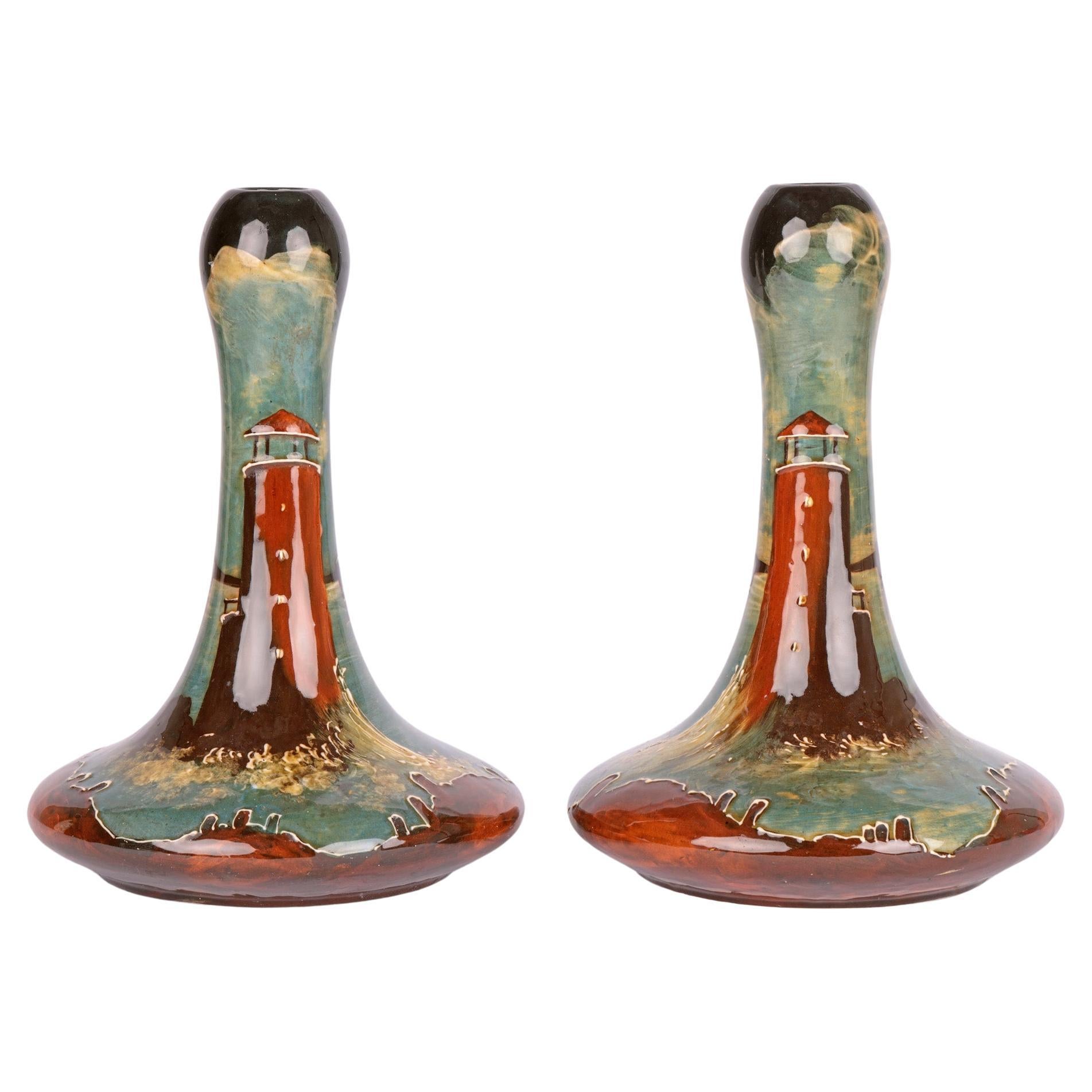 Thomas Forester Pair Art Nouveau Vases Painted with Lighthouses For Sale