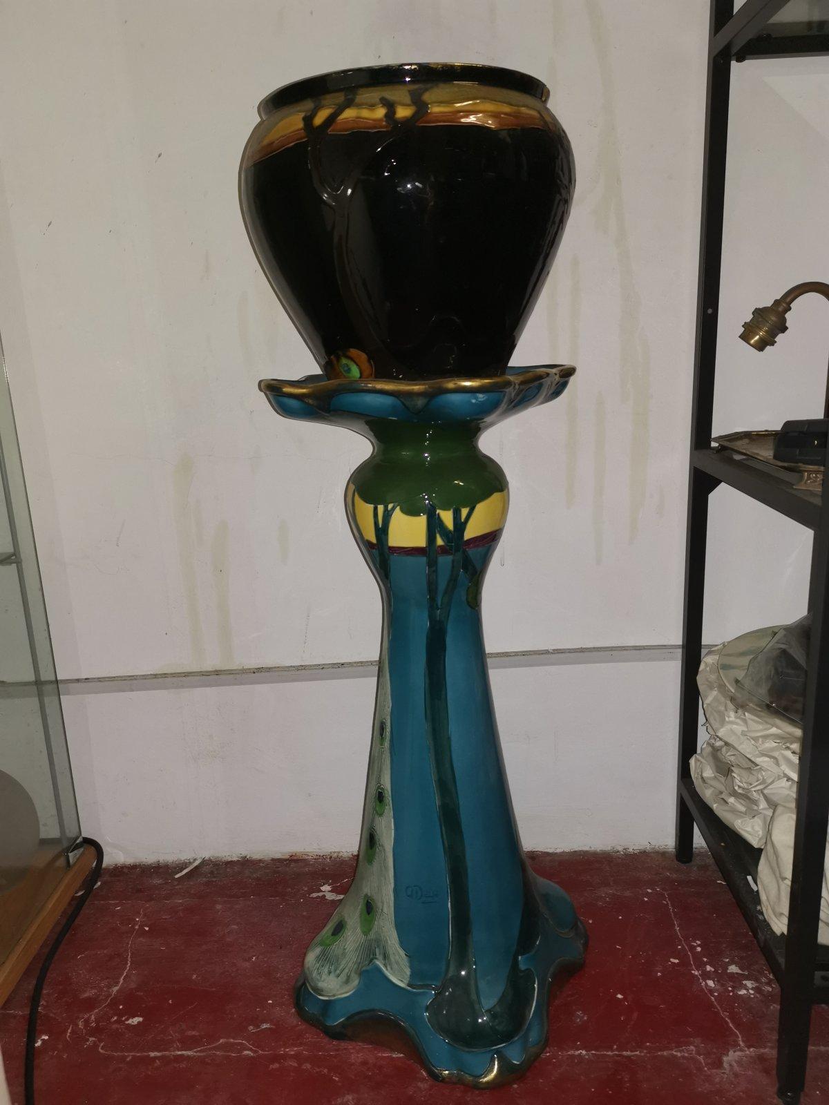 Thomas Forrester, an Arts & Crafts Jardiniere & Stand with Peacock Decoration 2