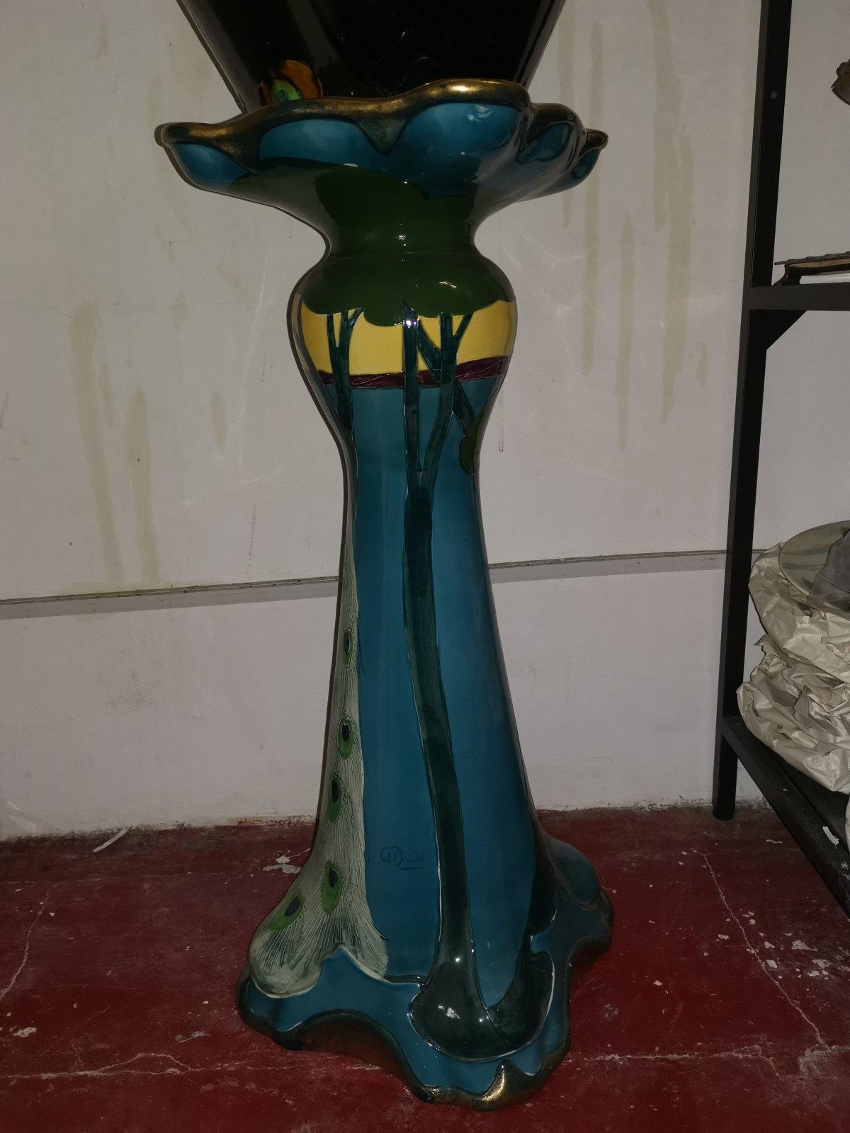 Thomas Forrester, an Arts & Crafts Jardiniere & Stand with Peacock Decoration 3