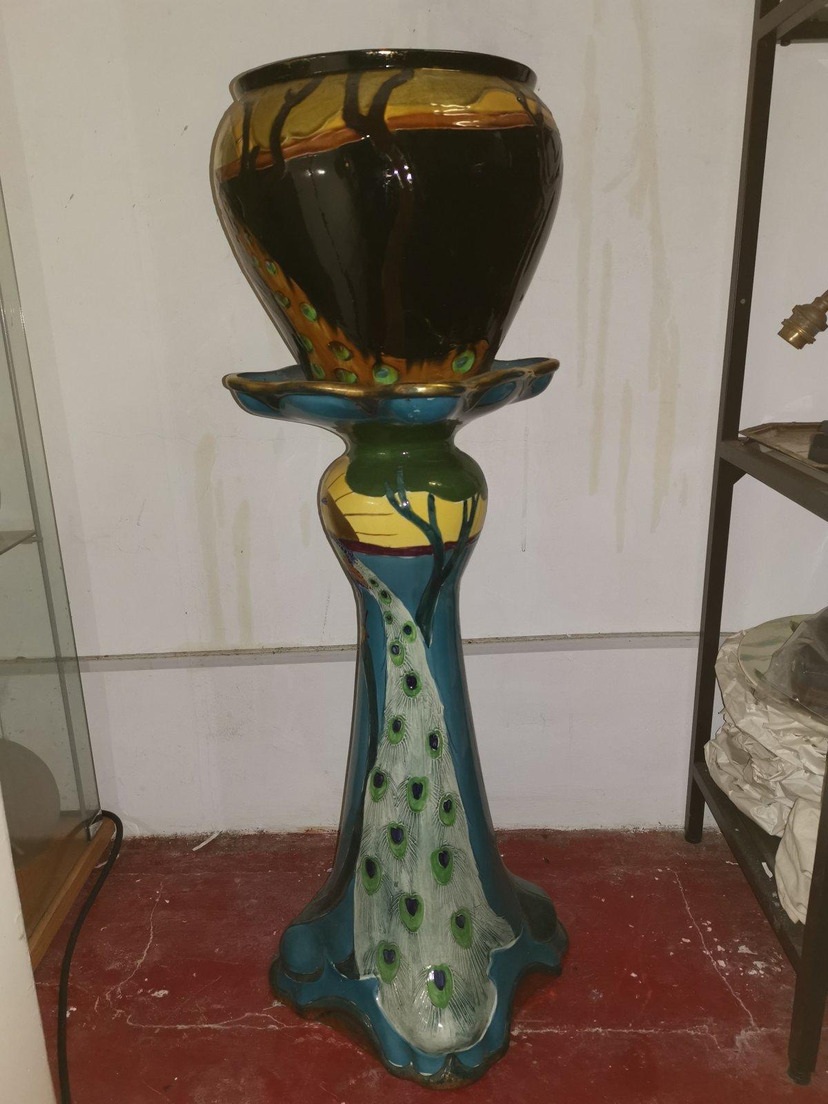 Thomas Forrester, an Arts & Crafts Jardiniere & Stand with Peacock Decoration 5