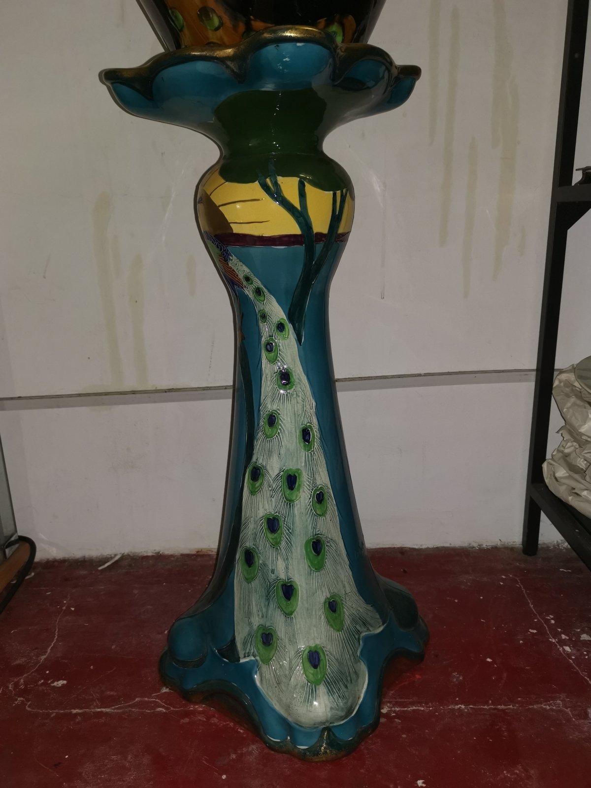 Thomas Forrester, an Arts & Crafts Jardiniere & Stand with Peacock Decoration 6