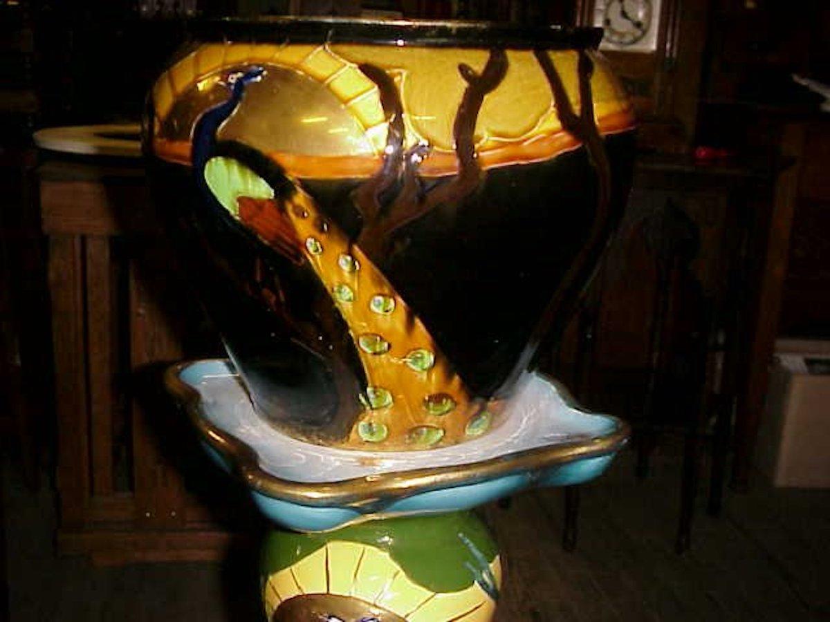 Arts and Crafts Thomas Forrester, an Arts & Crafts Jardiniere & Stand with Peacock Decoration