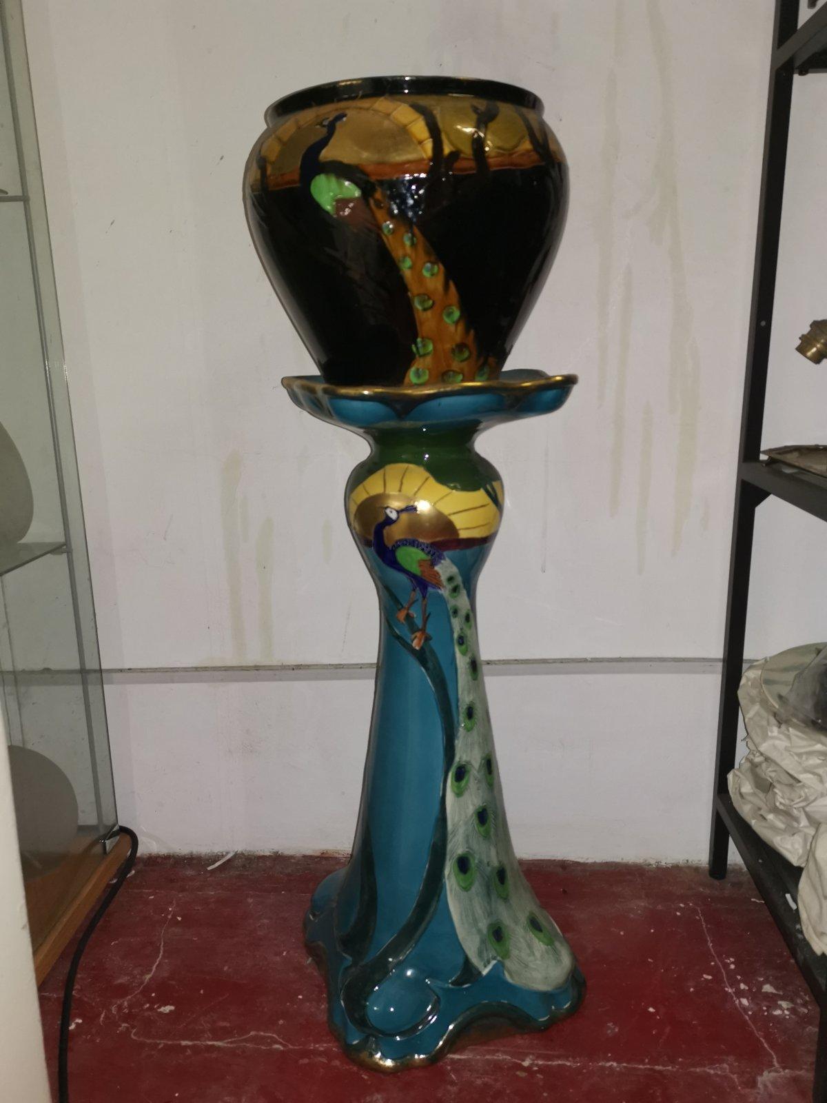 English Thomas Forrester, an Arts & Crafts Jardiniere & Stand with Peacock Decoration
