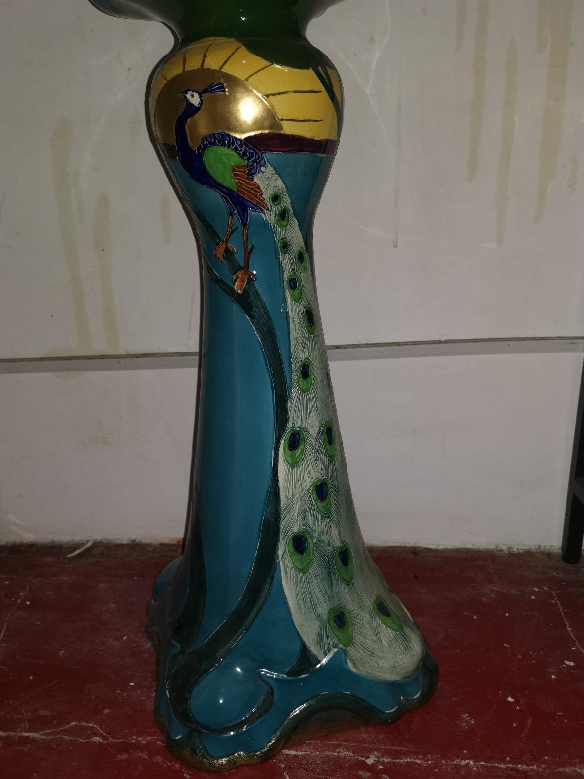 Hand-Crafted Thomas Forrester, an Arts & Crafts Jardiniere & Stand with Peacock Decoration