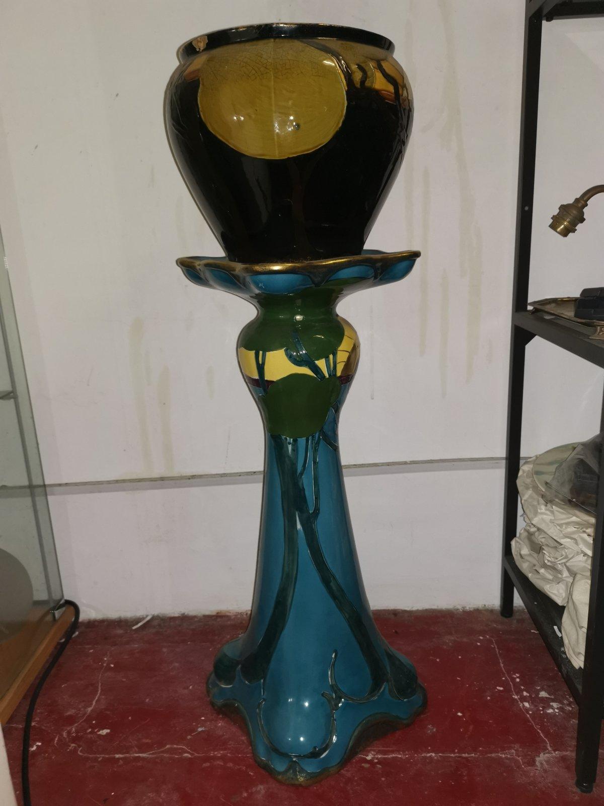 Early 20th Century Thomas Forrester, an Arts & Crafts Jardiniere & Stand with Peacock Decoration