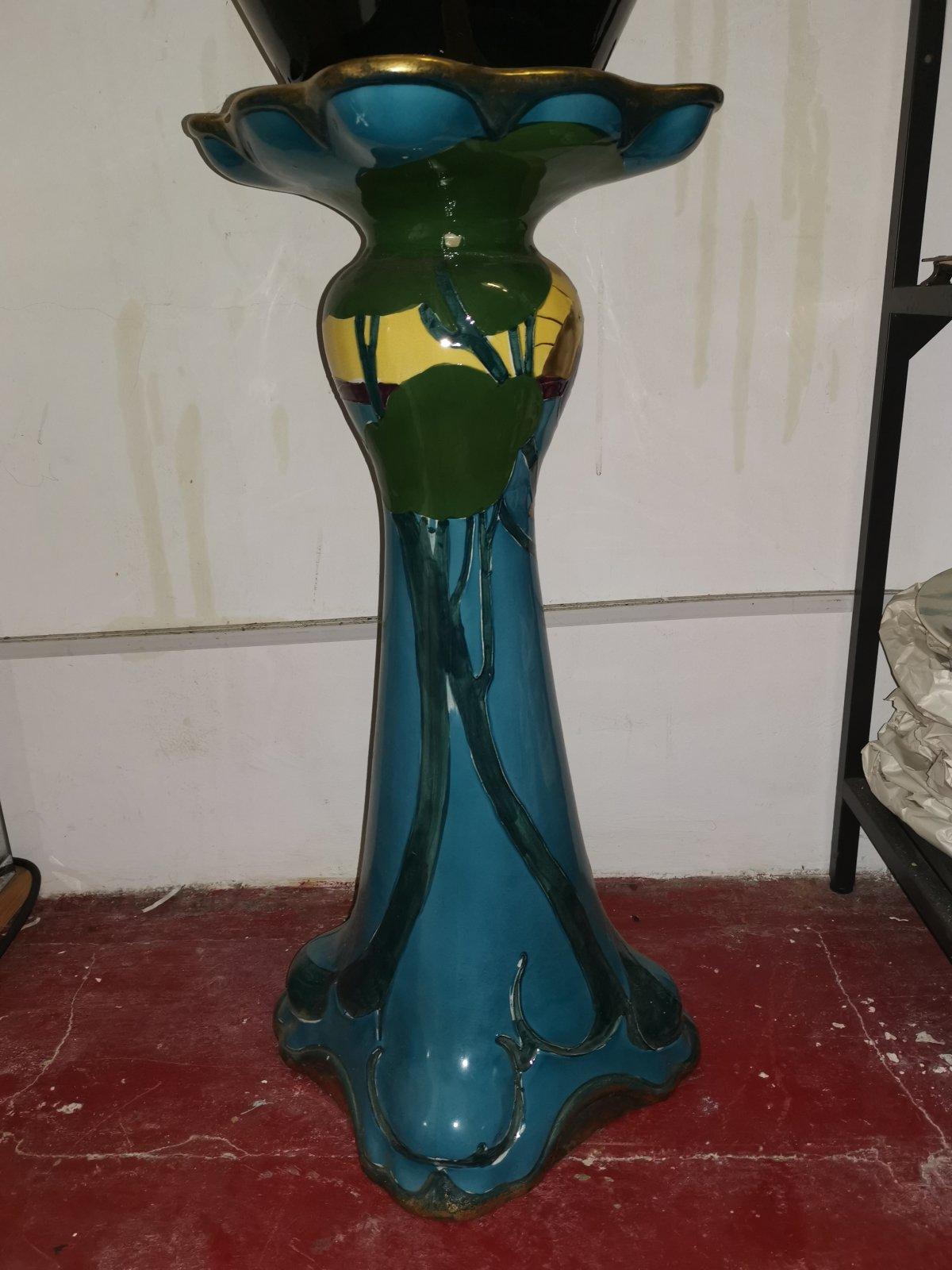 Porcelain Thomas Forrester, an Arts & Crafts Jardiniere & Stand with Peacock Decoration