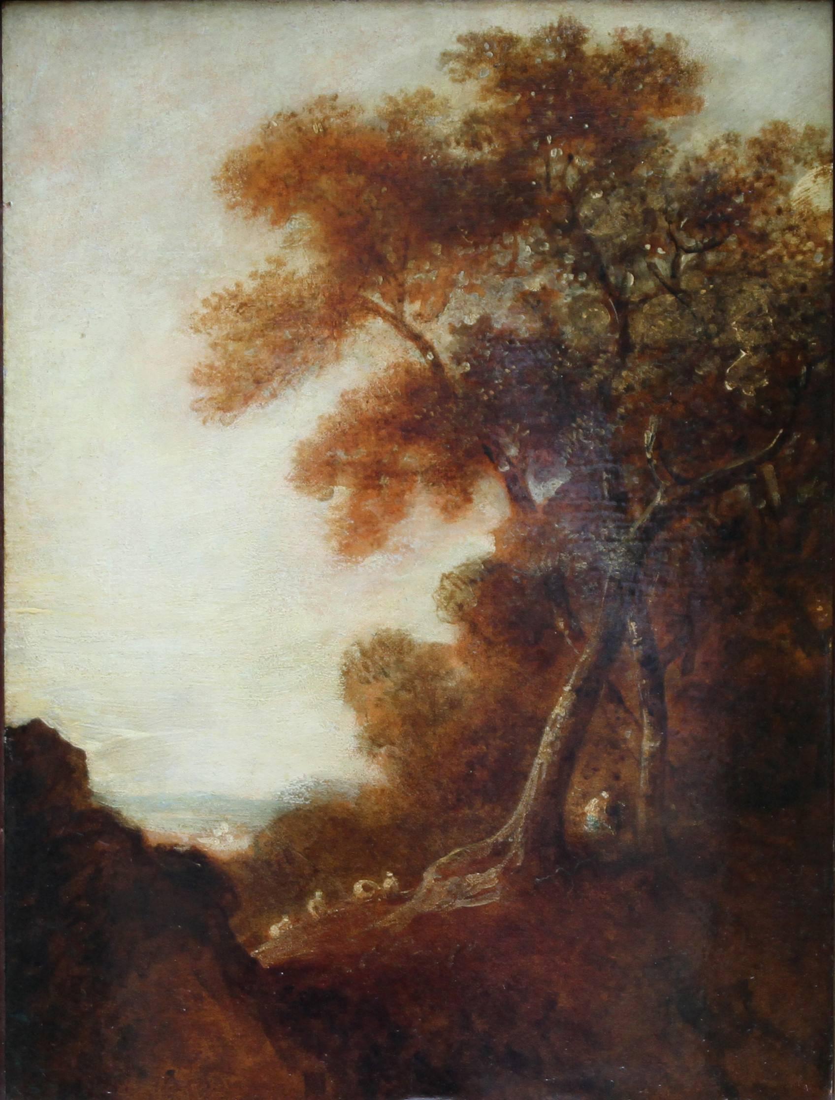 Holz-Landschaft – britische Kunst des 18. Jahrhunderts, Ölgemälde mit Bäumen und Figuren – Painting von Thomas Gainsborough (circle)