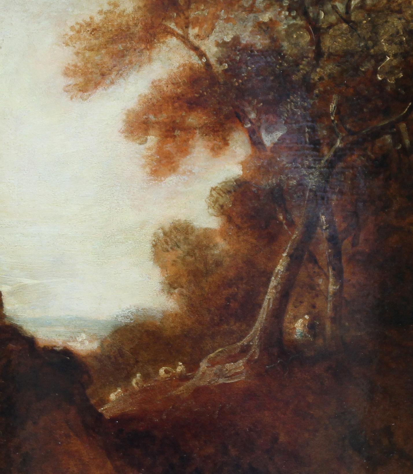 Holz-Landschaft – britische Kunst des 18. Jahrhunderts, Ölgemälde mit Bäumen und Figuren (Alte Meister), Painting, von Thomas Gainsborough (circle)