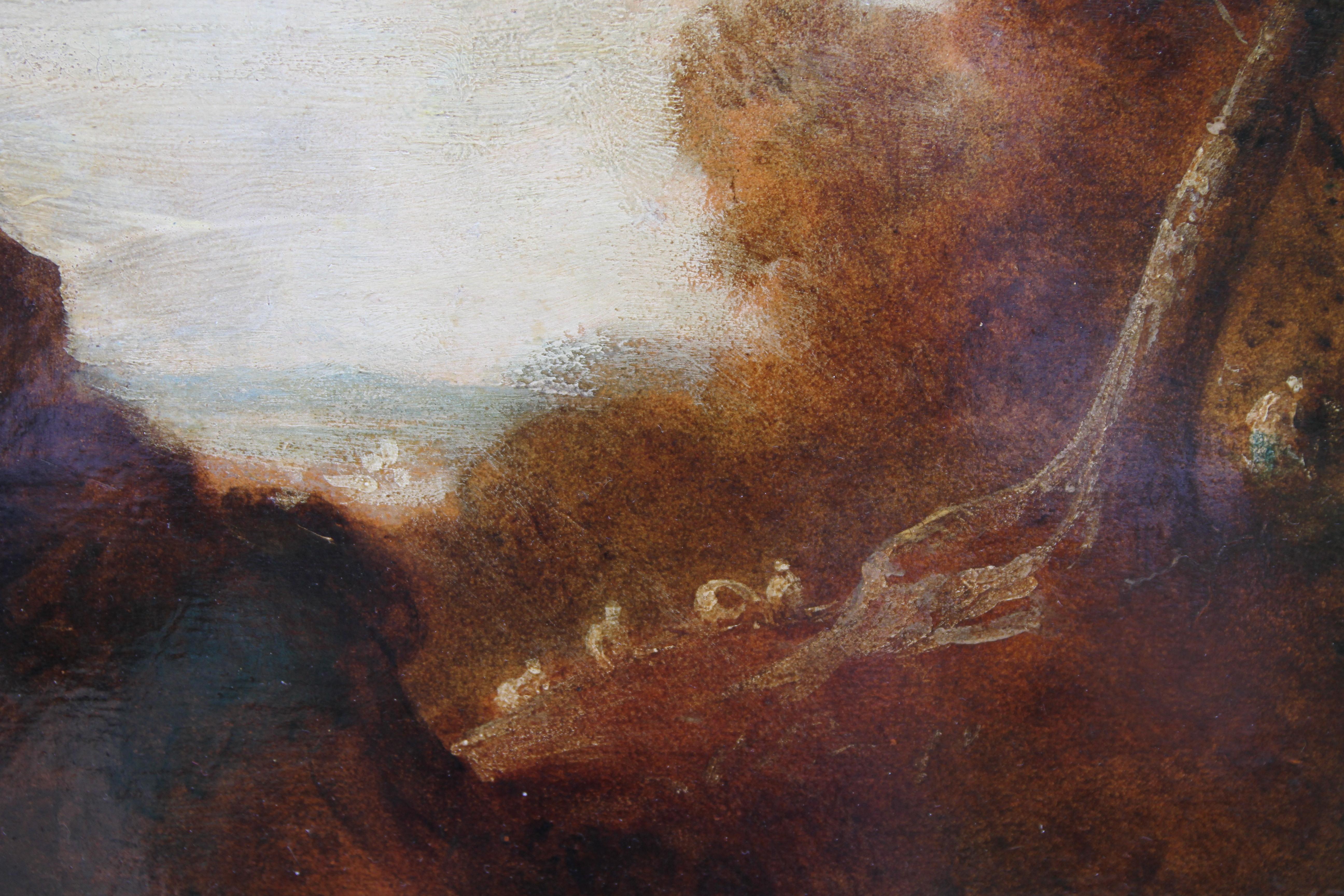 Ein reizvolles Gemälde, Öl auf Papier, das auf ein Paneel gelegt wurde, mit schöner Gainsboresker Farbgebung. Es handelt sich um eine schöne altmeisterliche Landschaft um 1770, die in der Tradition der romantischen Landschaft des 18. Jahrhunderts