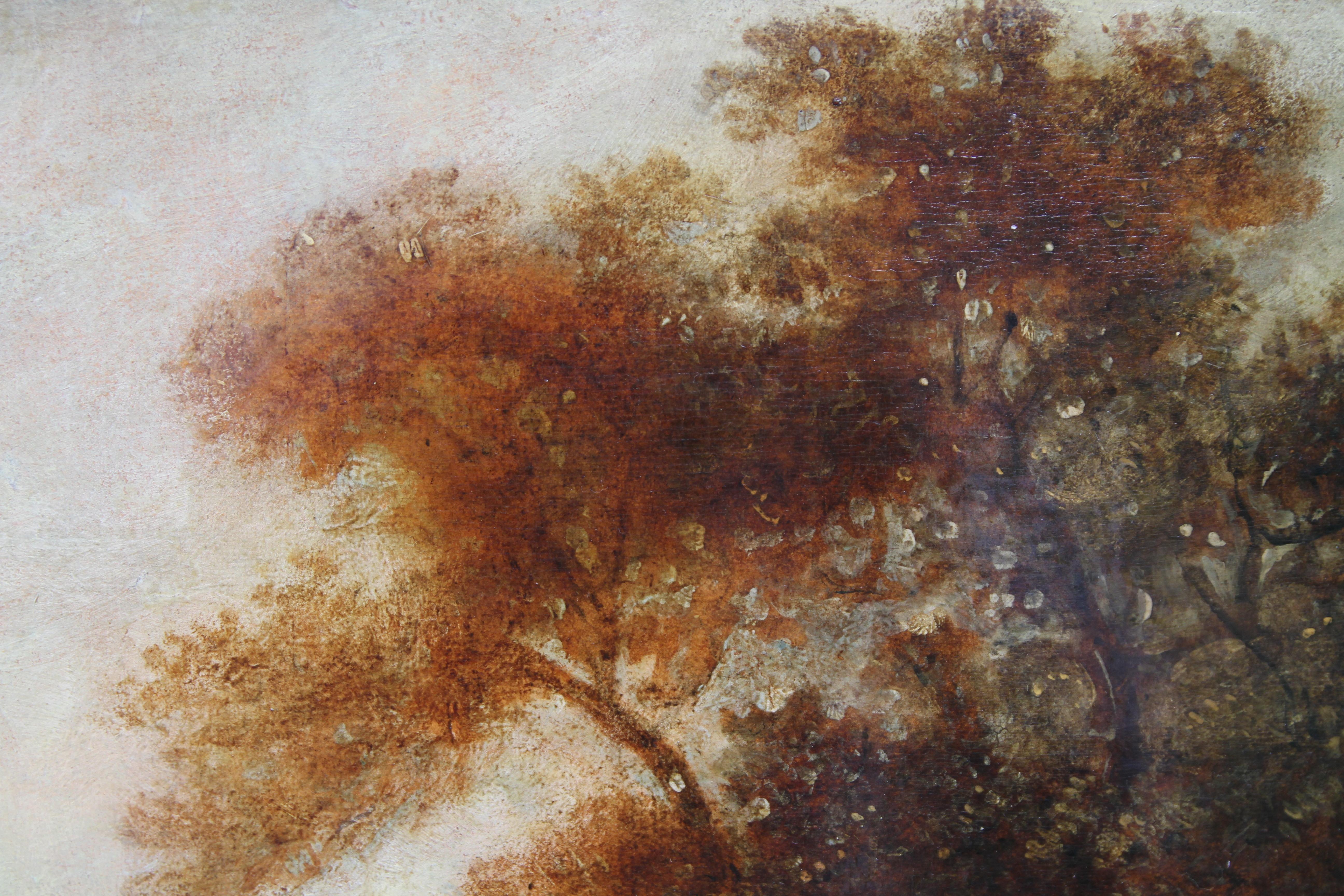 Holz-Landschaft – britische Kunst des 18. Jahrhunderts, Ölgemälde mit Bäumen und Figuren im Angebot 1