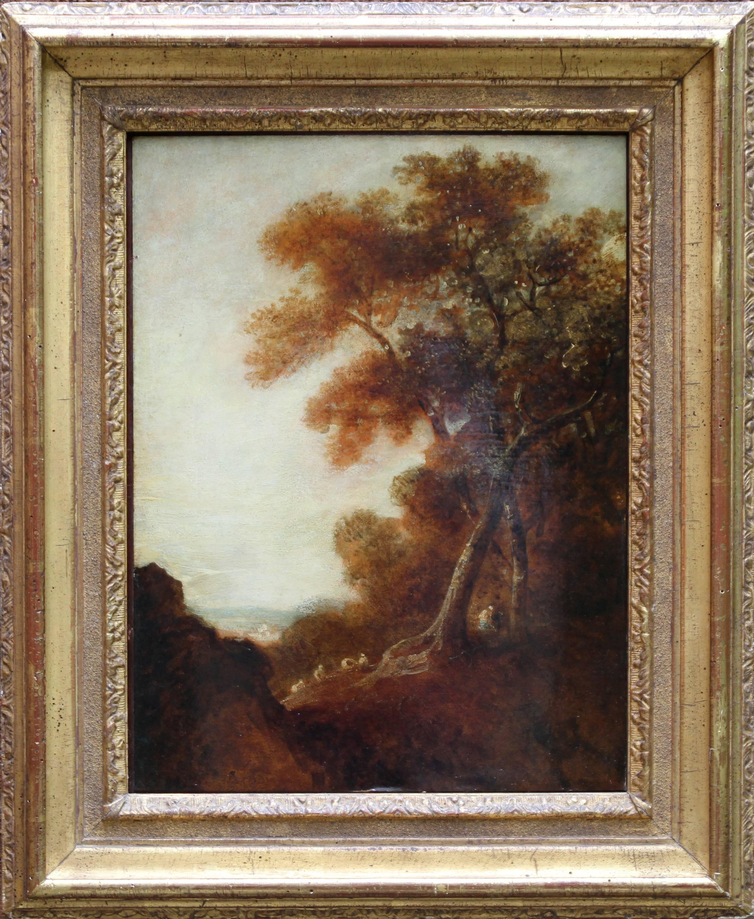 Thomas Gainsborough (circle) Landscape Painting – Holz-Landschaft – britische Kunst des 18. Jahrhunderts, Ölgemälde mit Bäumen und Figuren