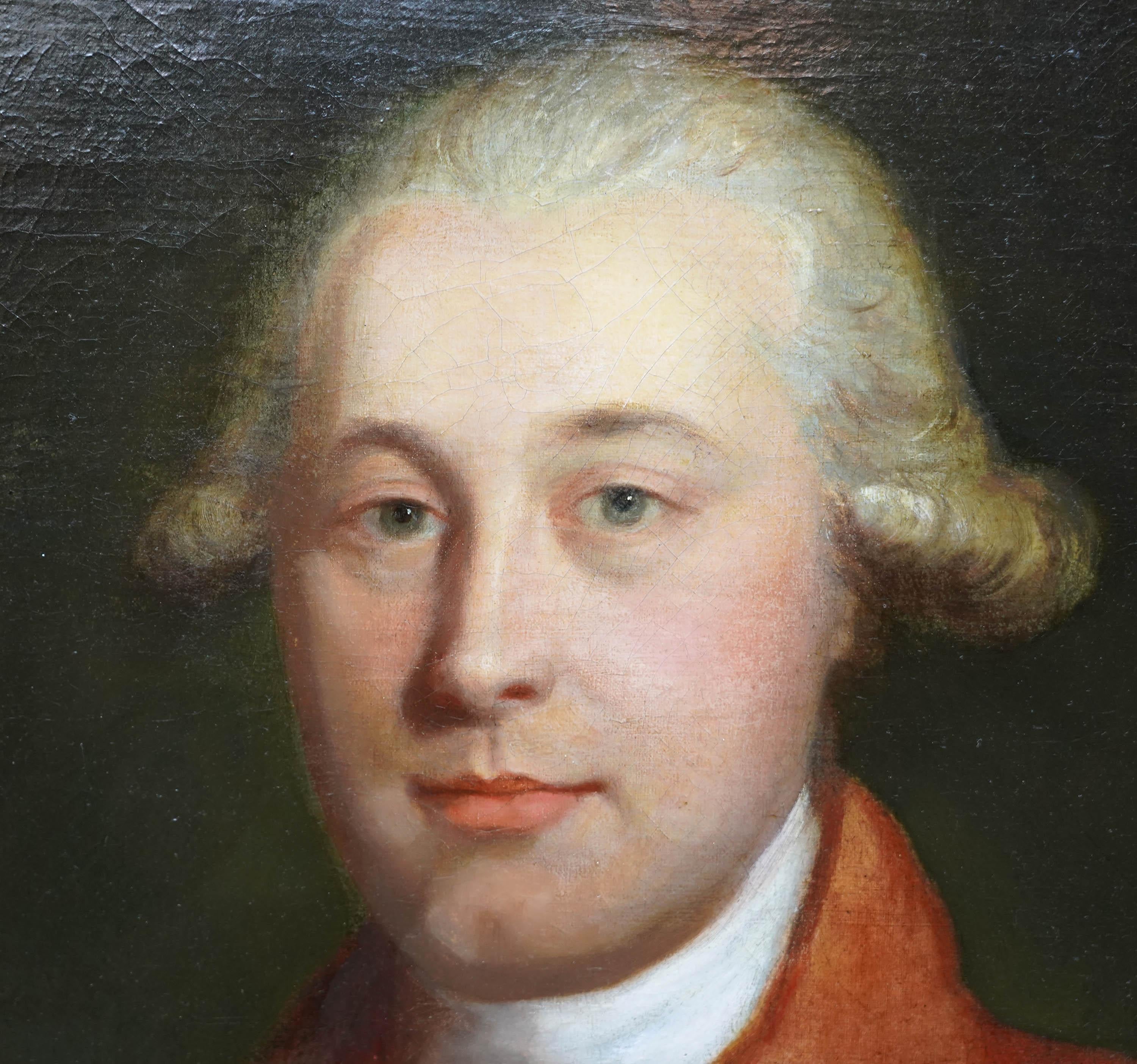 This rather handsome British Old Master portrait oil painting is attributed to circle of Thomas Gainsborough. Painted circa 1780 the sitter is identified on the name plate as Archibald Ogilvy. It is a half length portrait of Ogilvy wearing a red