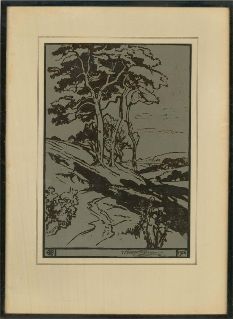 A fine early 20th Century woodblock in crisp black on grey wove, showing a winding country path making its way around a hillside, under trees casting dappled shadows on the ground. The artist has signed ink ink to the lower edge and monogrammed and