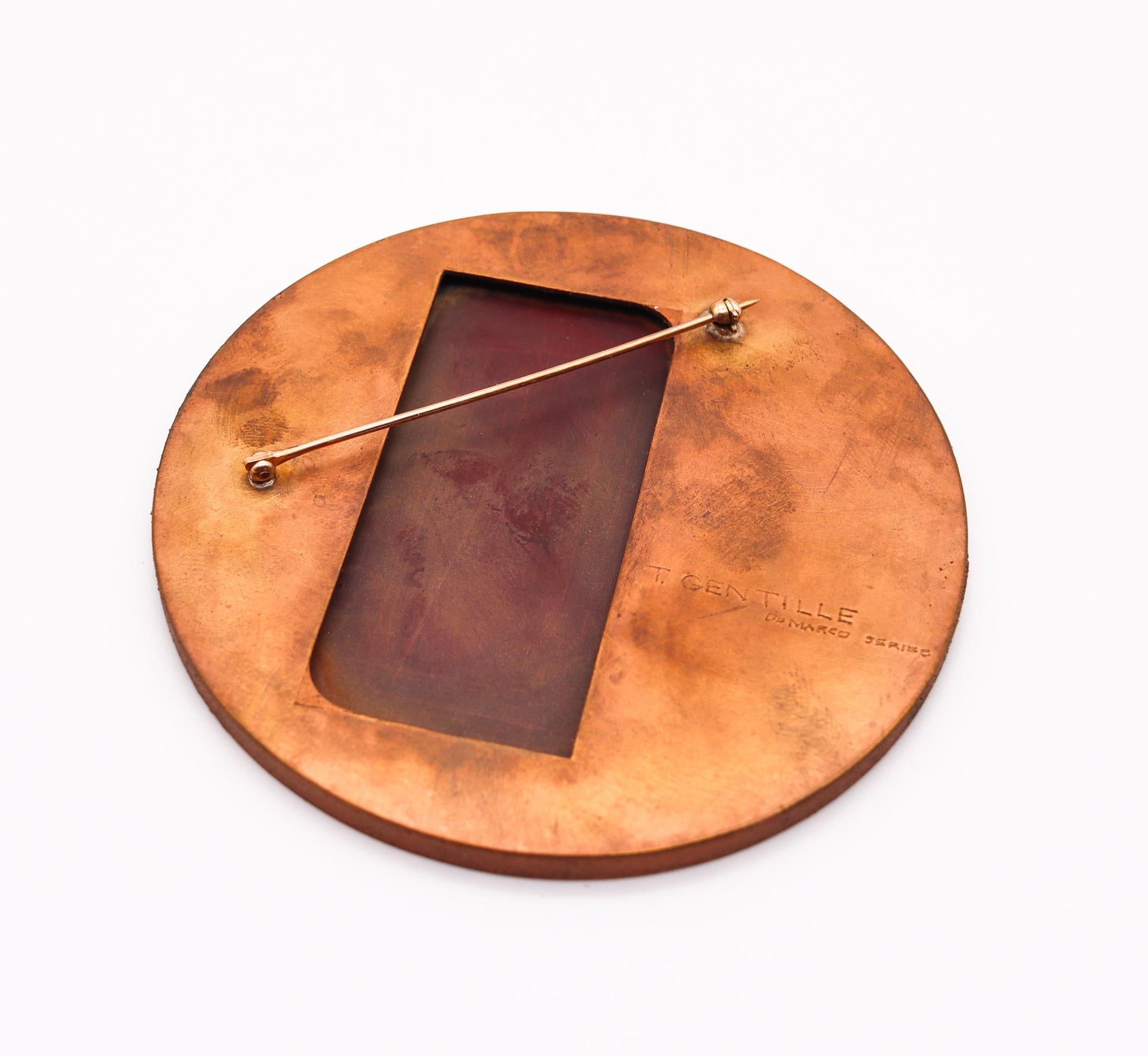 Women's or Men's Thomas Gentille 1970 Geometric Round Pendant Brooch In 18kt Gold Bronze & Copper For Sale