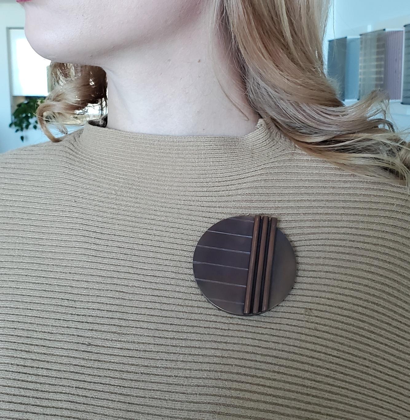 Modernist Thomas Gentille 1970 Geometric Tubular Pendant Brooch 18kt Gold Bronze & Copper For Sale