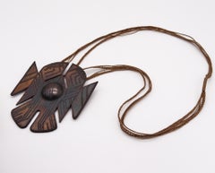 Thomas Gentille 1970 Rare Sculptural Ethnics Necklace In Copper And Cotton