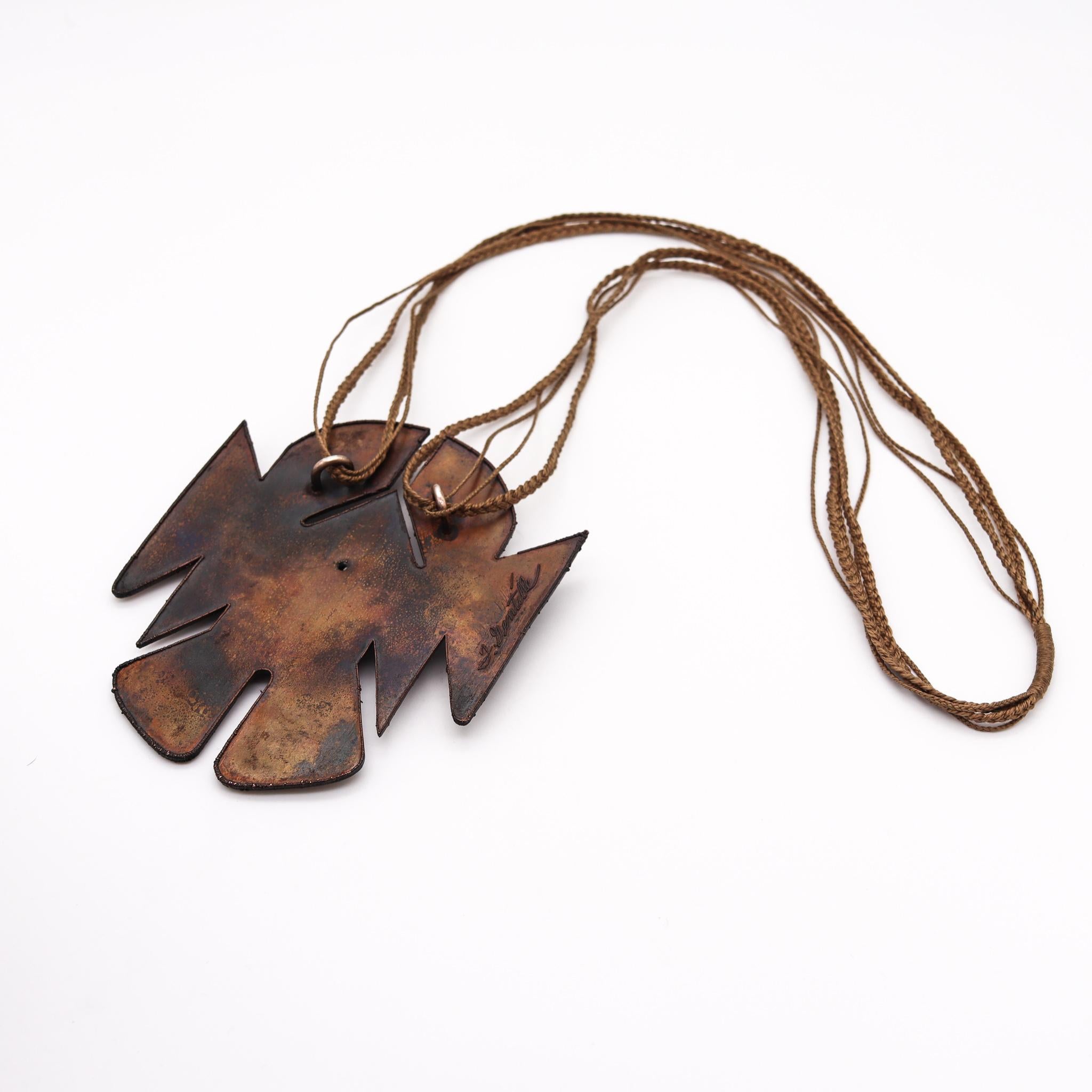 Modernist Thomas Gentille 1970 Rare Sculptural Ethnics Necklace In Copper And Cotton For Sale