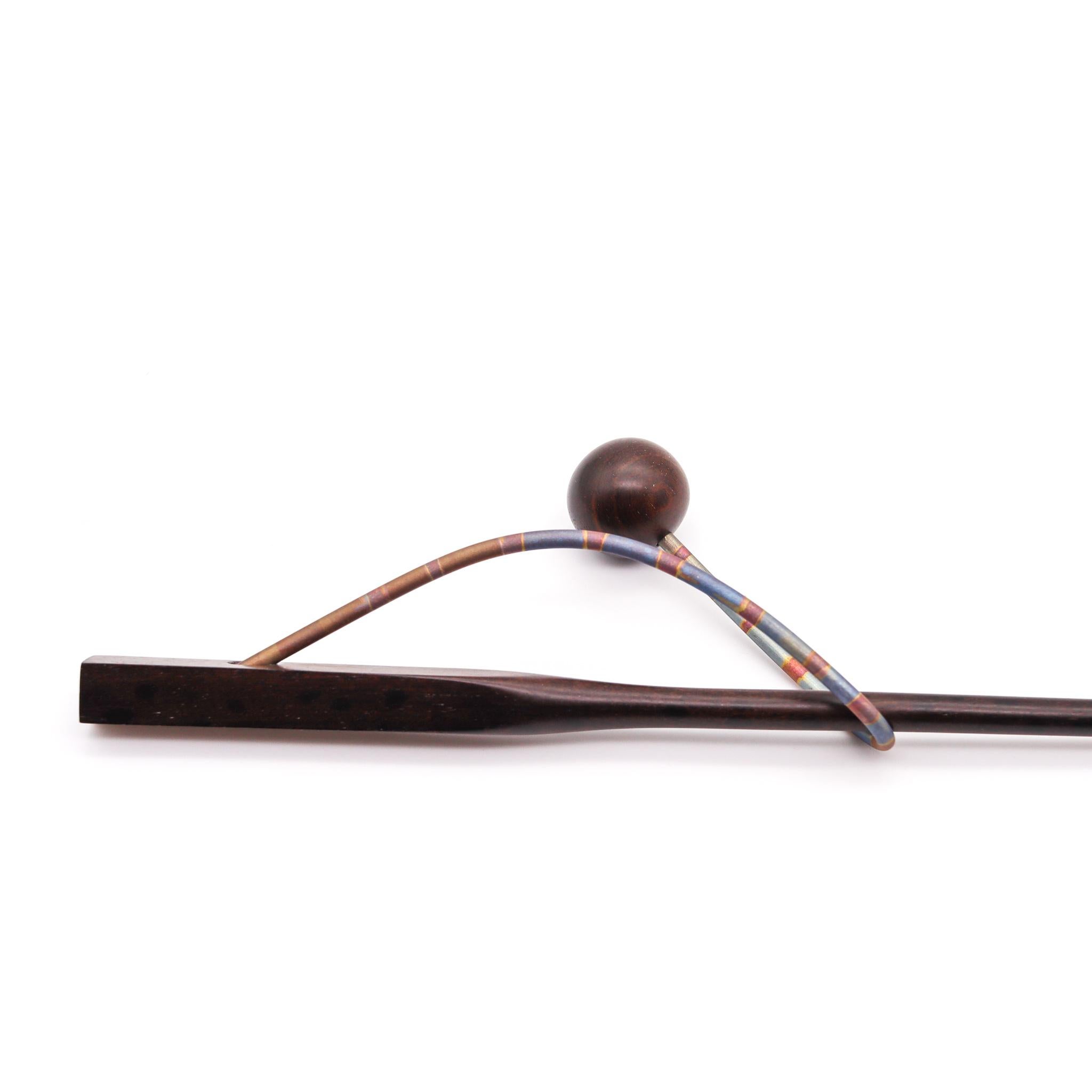 Women's or Men's Thomas Gentille 1970 Sculptural Hair Pin in Polychrome Sterling and Ebony Wood For Sale