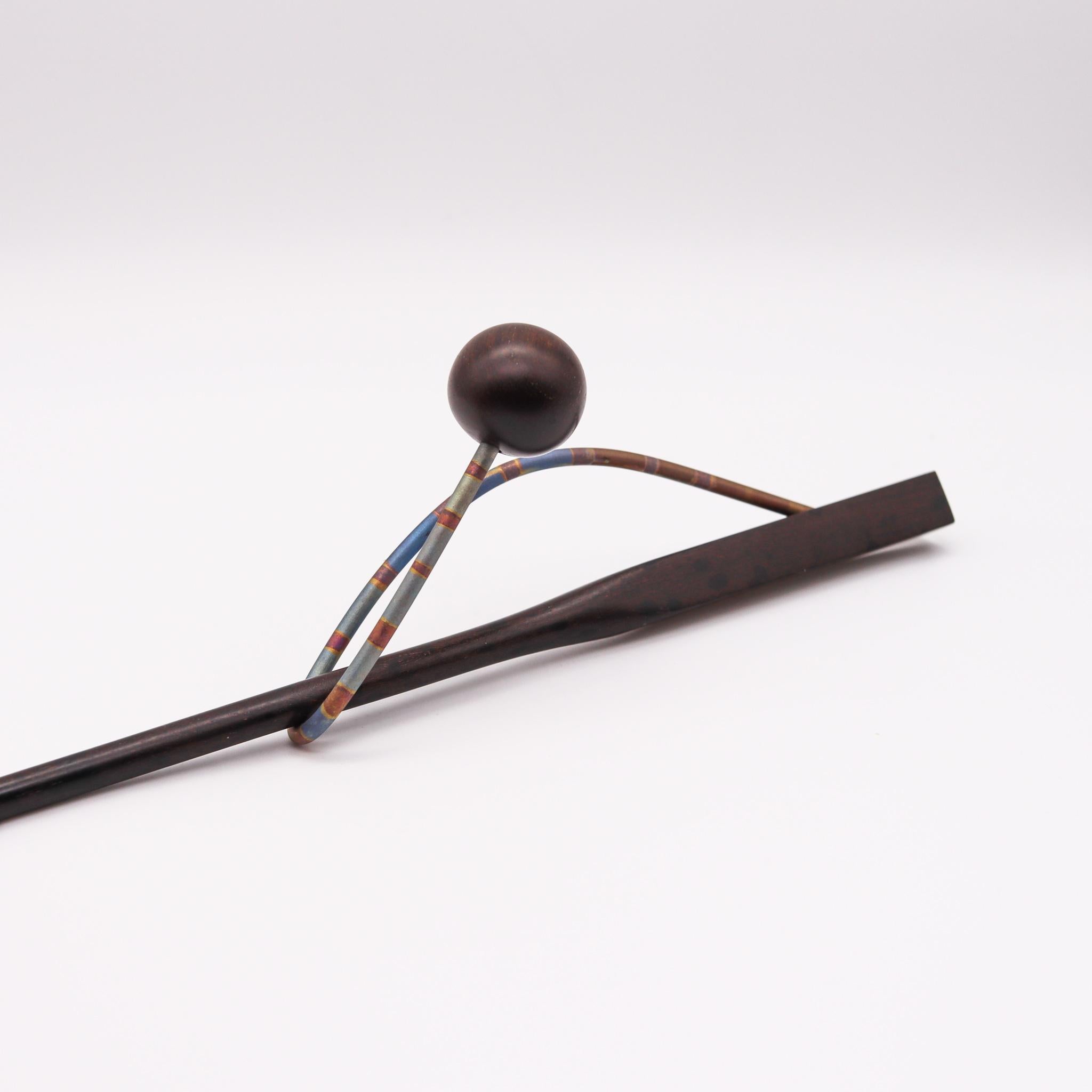 Thomas Gentille 1970 Sculptural Hair Pin in Polychrome Sterling and Ebony Wood For Sale 1