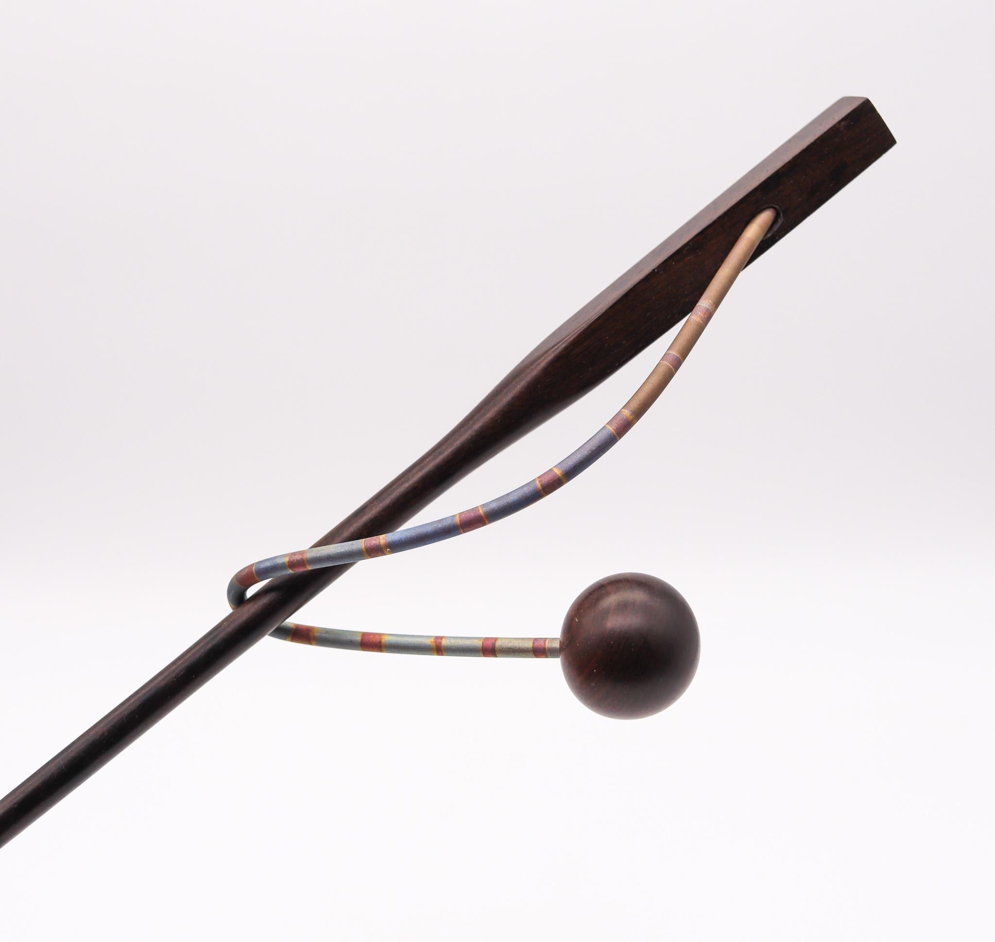 Thomas Gentille 1970 Sculptural Hair Pin in Polychrome Sterling and Ebony Wood For Sale 2