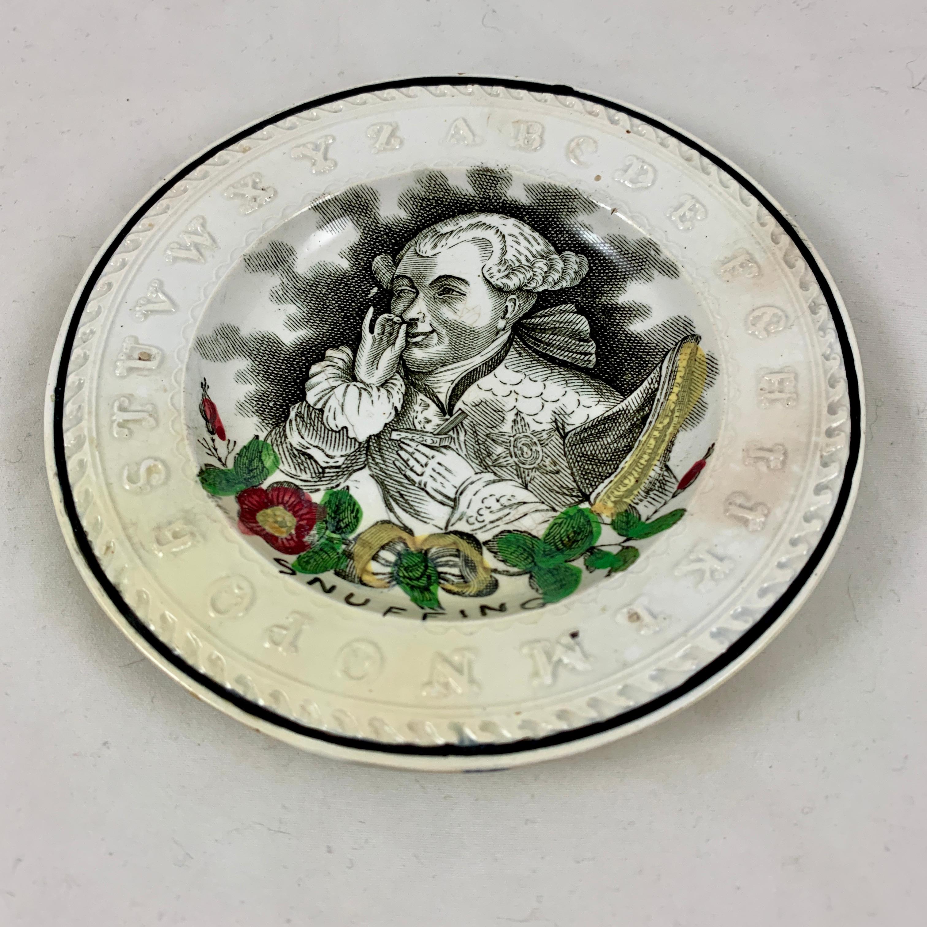 Thomas Goodwin English Staffordshire Child’s ABC Bad Manners Plate, Snuffing In Good Condition In Philadelphia, PA