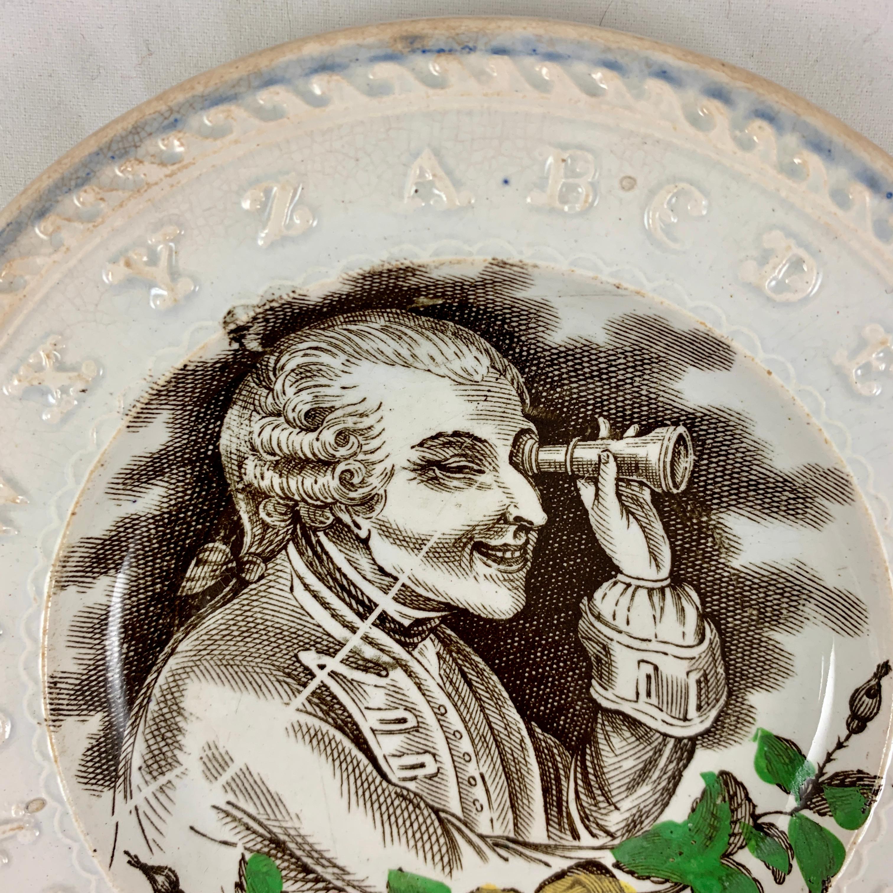 An English Staffordshire child’s ABC plate by Thomas Goodwin, Canal Works, Navigation Road, Burslem, circa 1824-1854.

This plate is entitled, “Spying.” It shows a humorous transfer printed image of a gentleman in period dress, holding a spy glass