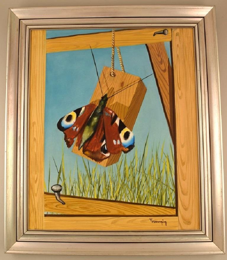 Thomas Hafström (b. 1954), Swedish artist. Oil on canvas. Butterfly on woodwork. 
Late 20th century.
The canvas measures: 64 x 53 cm.
The frame measures: 7 cm.
In excellent condition.
Signed.