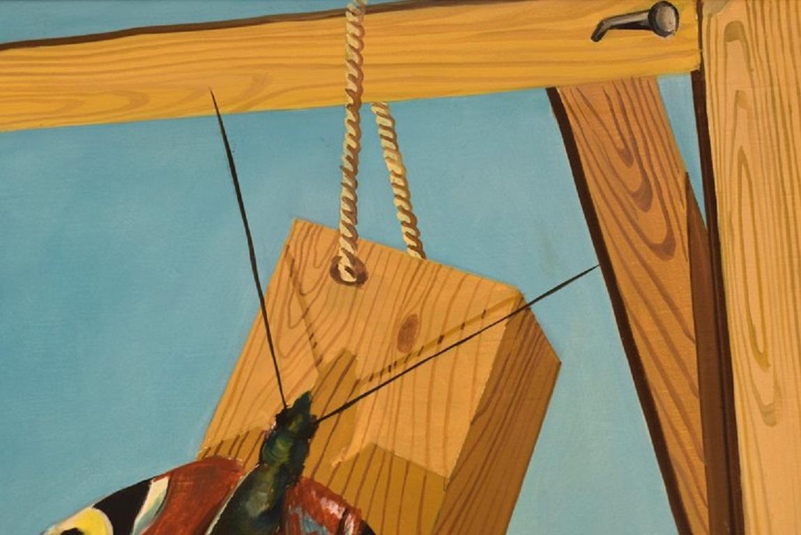 Thomas Hafström (b. 1954), Swedish Artist, Oil on Canvas, Butterfly on Woodwork In Excellent Condition For Sale In København, Copenhagen