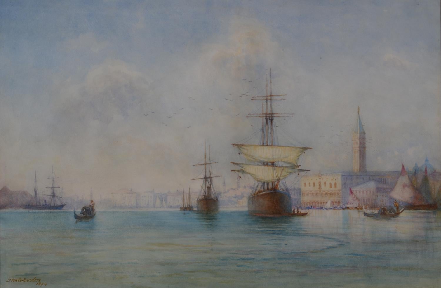 Victorian Watercolour Ships, Gondolas with St Marks Square and palaces enice 