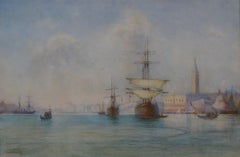 Paisaje victoriano Marino Acuarela Navegación por el Gran Canal Venecia