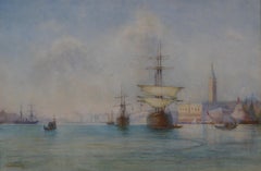 Antique Victorian Watercolour Ships, Gondolas with St Marks Square and palaces enice 