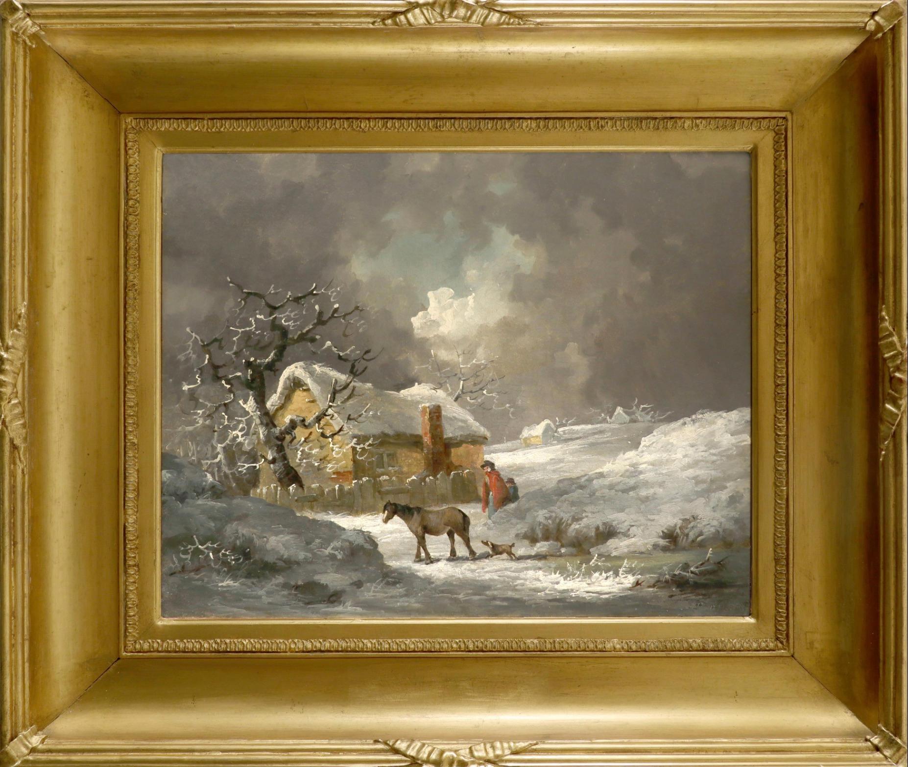Thomas Hand Landscape Painting - 'Winter' - A Horse and figures passing a cottage, in a snowy landscape