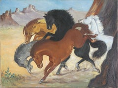 Mid Century Wild Horses of Grand Canyon in Style of Thomas Hart Benton