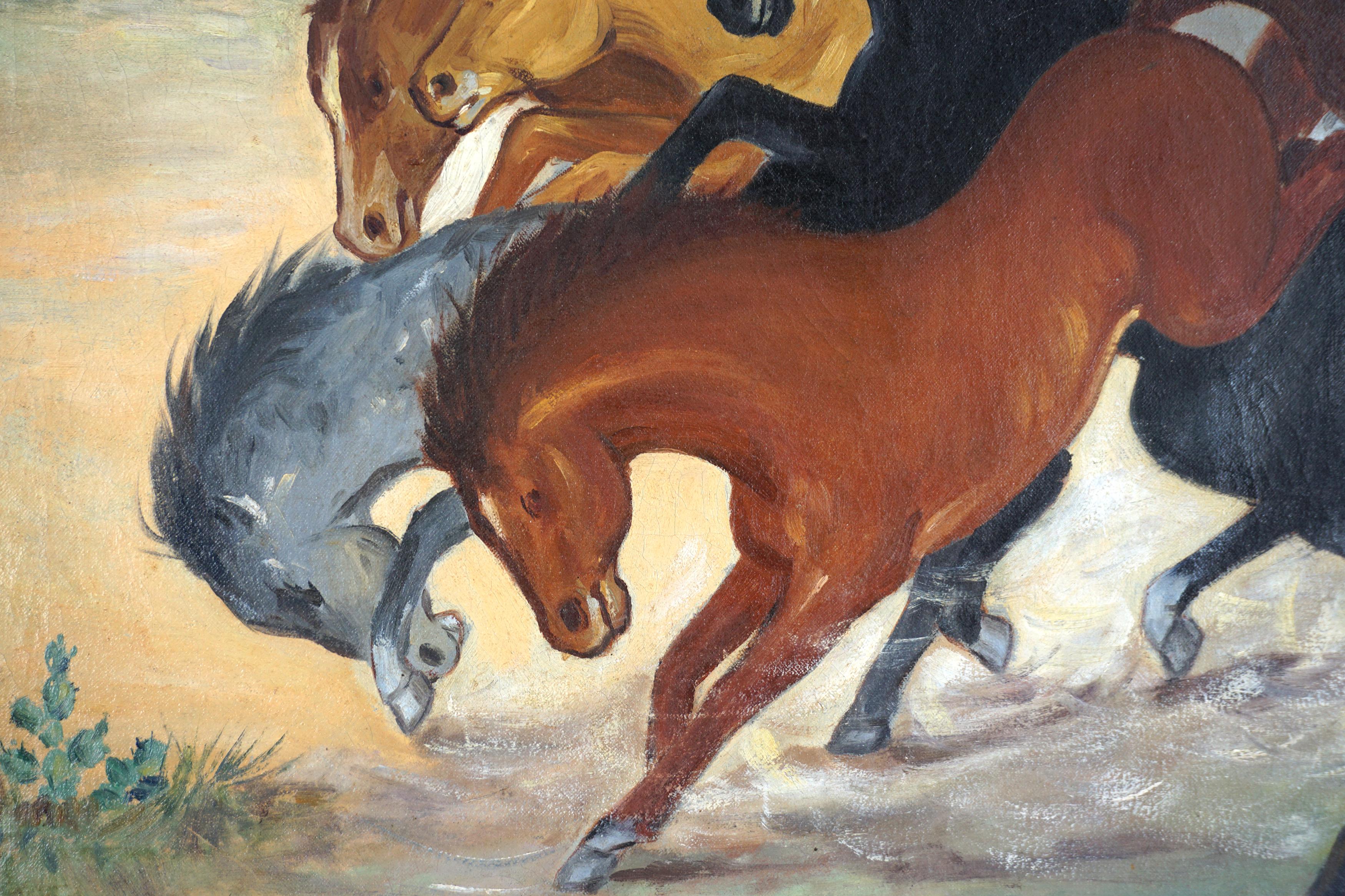 Gorgeous 1950s painting of six horses all different colors running through Grand Canyon in regionalist/Works Progress Administration style. The sand being kicked up by the horses adds to the kinetic and dramatic feel of the piece. Faint remnants of