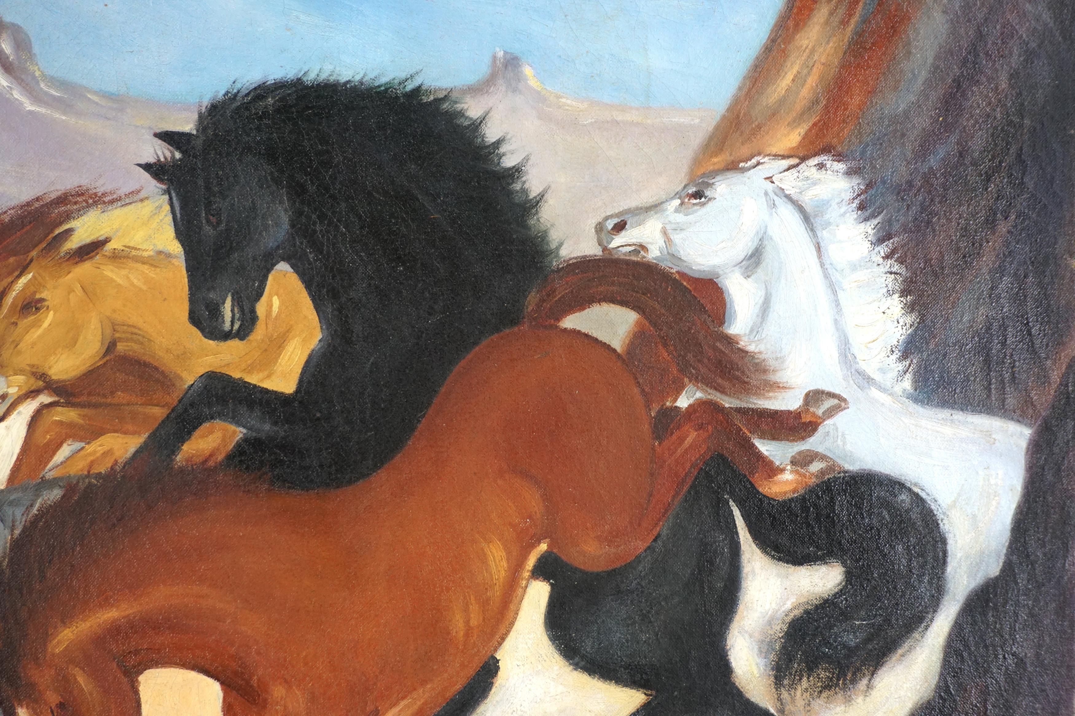 Mid Century Wild Horses of Grand Canyon in Style of Thomas Hart Benton For Sale 1