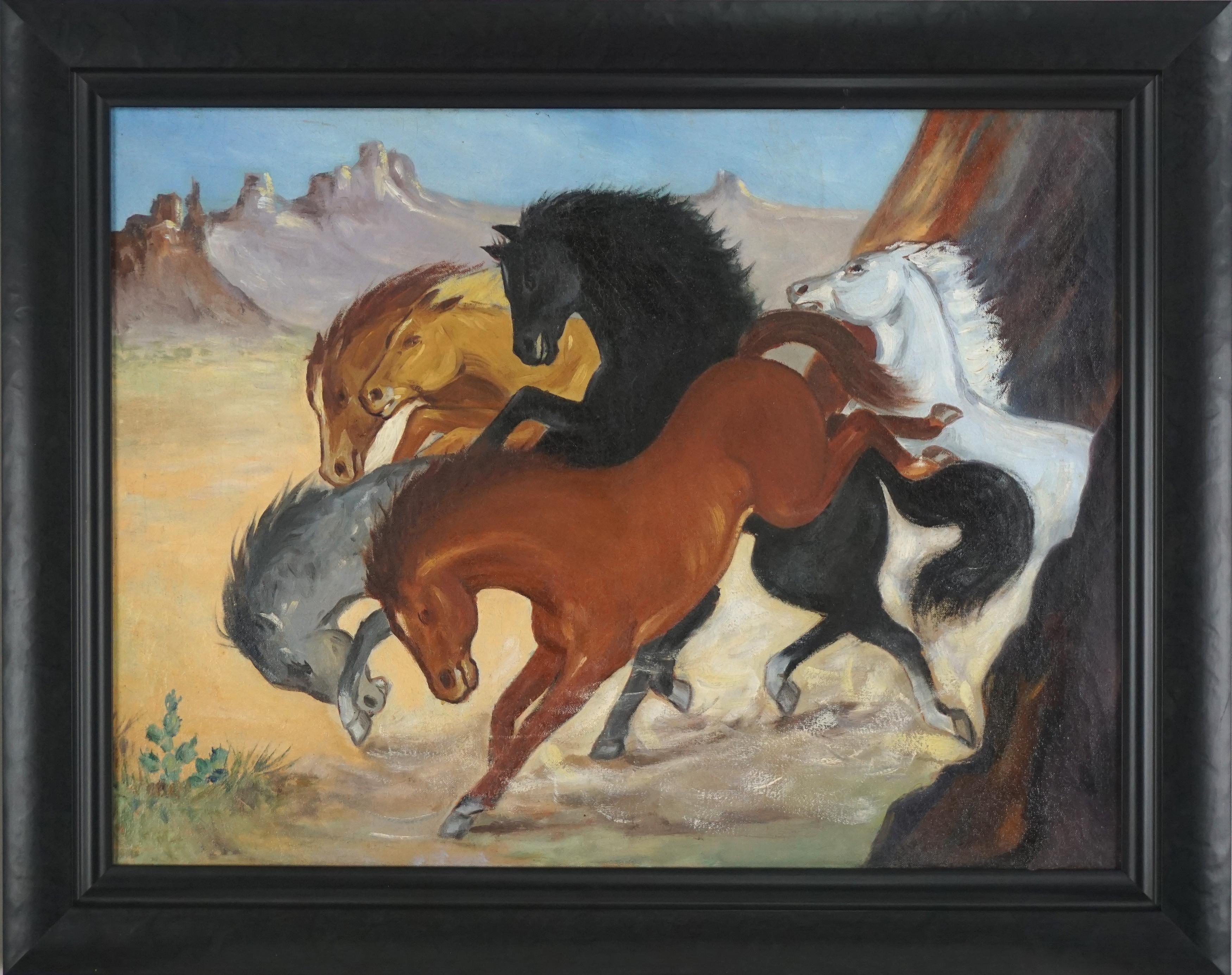 Wunderschönes Gemälde aus den 1950er Jahren mit sechs verschiedenfarbigen Pferden, die im regionalistischen Stil der Works Progress Administration durch den Grand Canyon laufen. Der Sand, der von den Pferden aufgewirbelt wird, trägt zur kinetischen