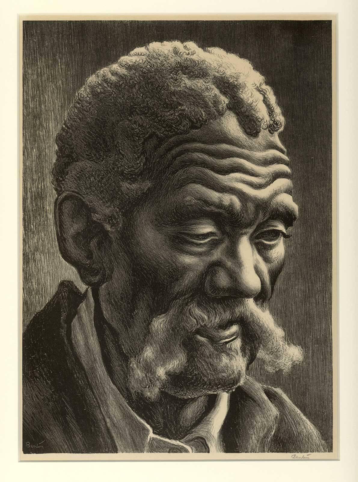 Thomas Hart Benton Figurative Print - Aaron (dignified portrait of a elderly black man from Kansas City, MO.)
