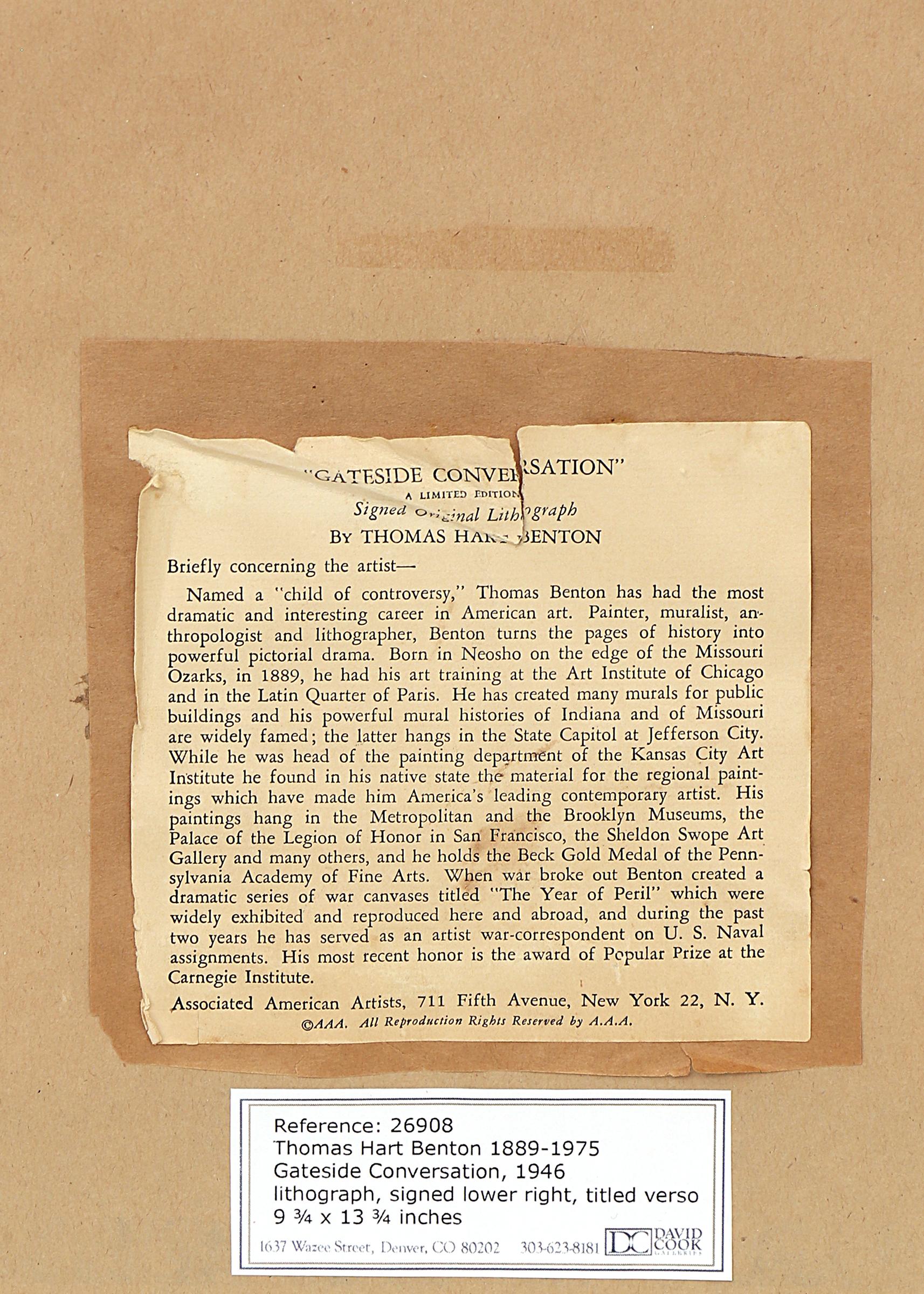 Gateside Conversation, 1940s Original Signed Lithograph by Thomas Hart Benton For Sale 11