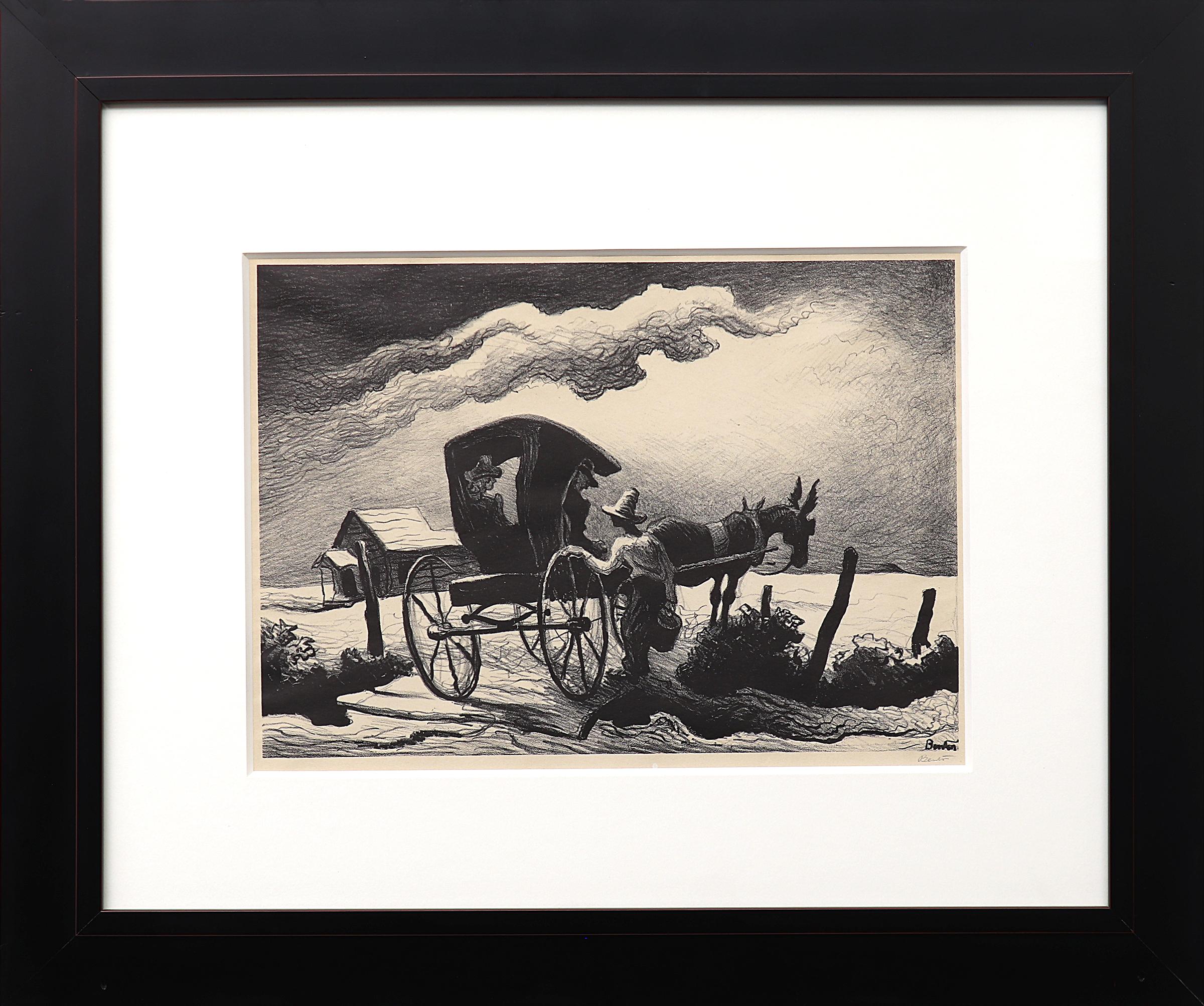 'Gateside Conversation' is an original signed lithograph by Thomas Hart Benton (1889-1975) from 1946. Singed by the artist in the lower right margin and titled verso. Portrays a figure in a horse drawn carriage talking with a figure wearing a hat