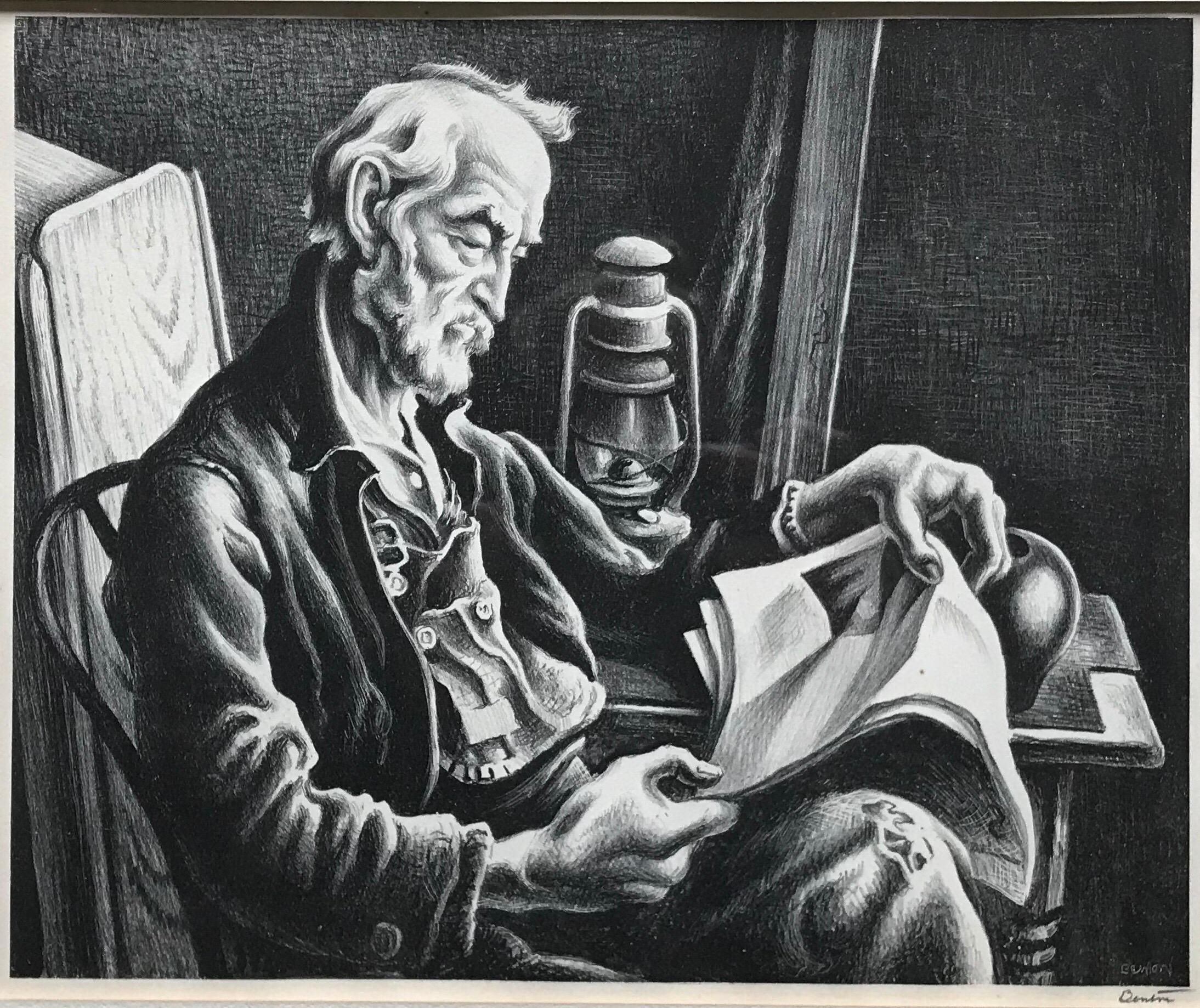 Thomas Hart Benton Figurative Print - Old Man Reading
