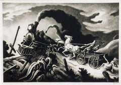 Thomas Hart Benton Original Lithograph, 1944 - Wreck of the Ol’ ‘97