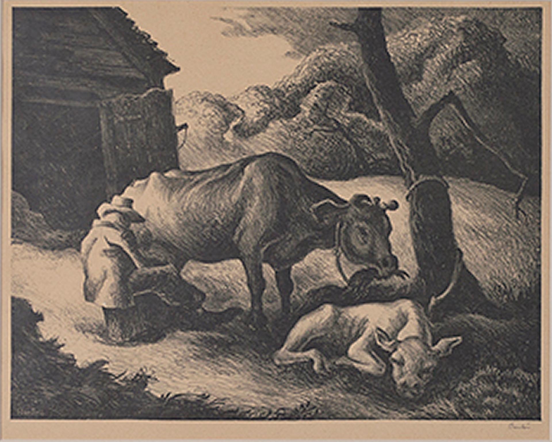 "Becerro blanco" es un grabado litográfico original de Thomas Hart Benton. Presenta la imagen de un hombre ordeñando una vaca mientras su ternero se tumba delante. La impresionante manera que tiene Benton de representar el paisaje se muestra aquí en