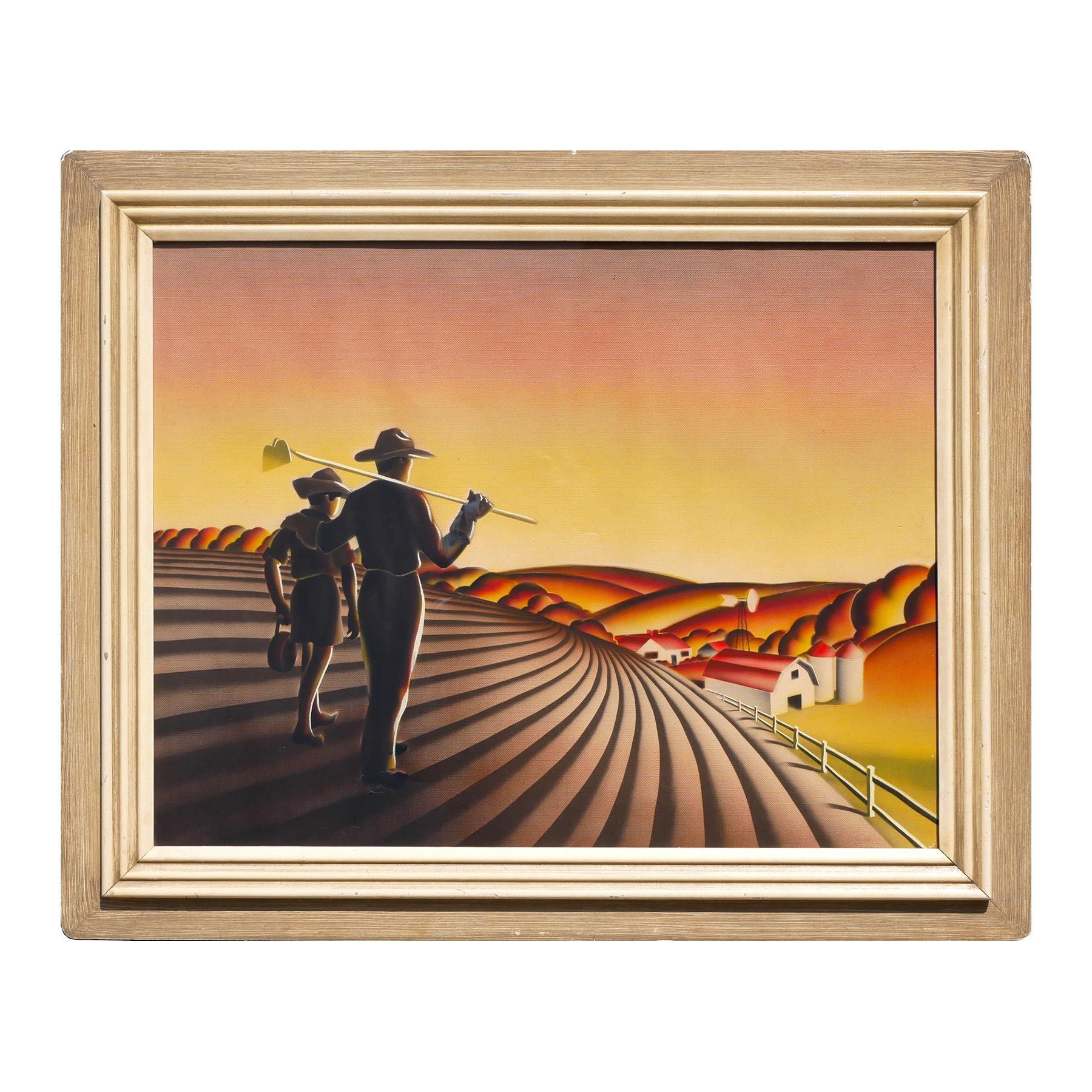 Escena de granja de paisaje pastoral de padre e hijo en tonos amarillos de estilo regionalista - Print de Thomas Hart Benton