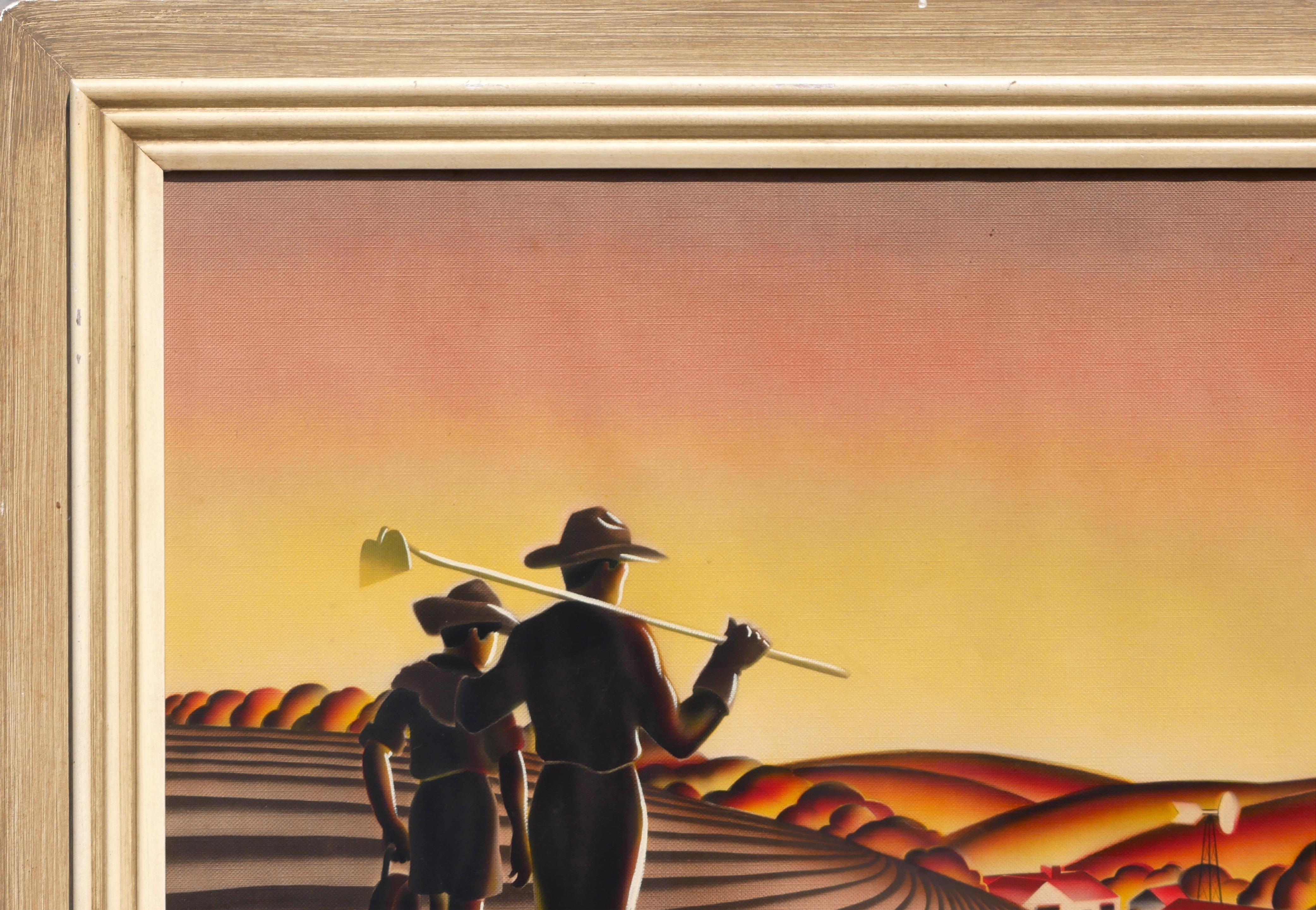 Escena de granja de paisaje pastoral de padre e hijo en tonos amarillos de estilo regionalista - Print Moderno de Thomas Hart Benton