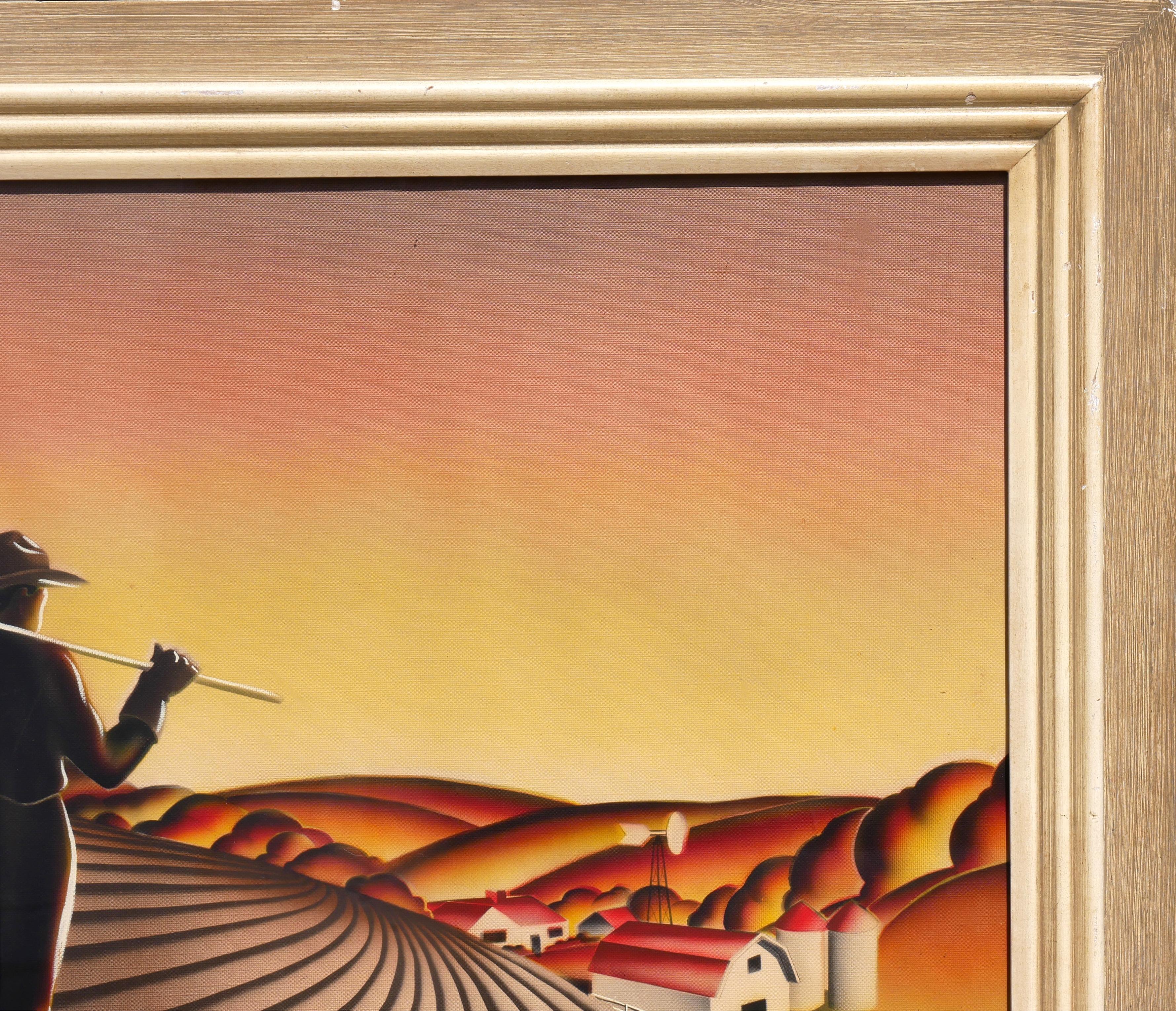 Litografía offset en tonos amarillos de un padre y su hijo inspeccionando los campos al estilo del artista regionalista Thomas Hart Benton. La obra muestra la figura de un padre con la mano sobre el hombro de su hijo mientras contemplan una escena
