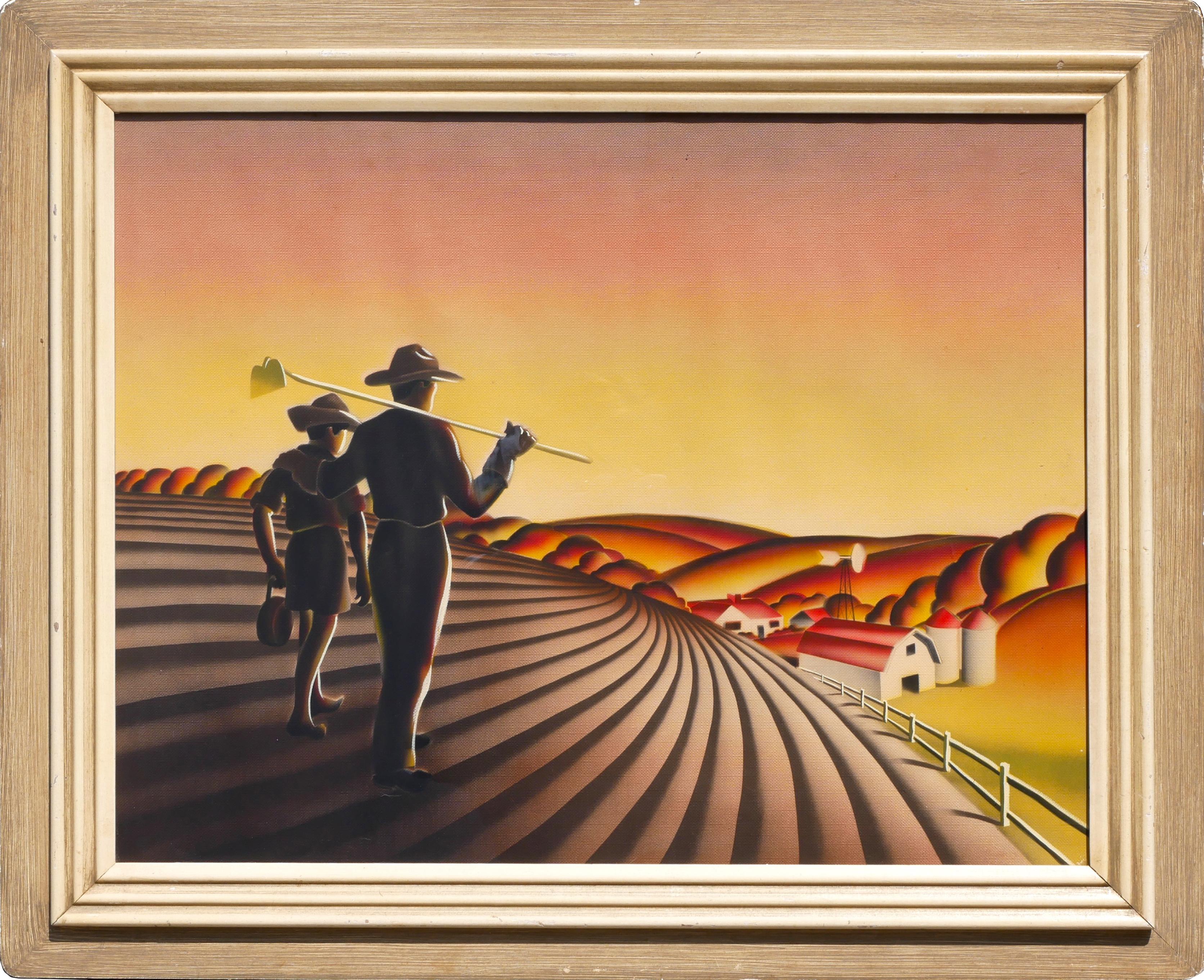 Landscape Print de Thomas Hart Benton - Escena de granja de paisaje pastoral de padre e hijo en tonos amarillos de estilo regionalista